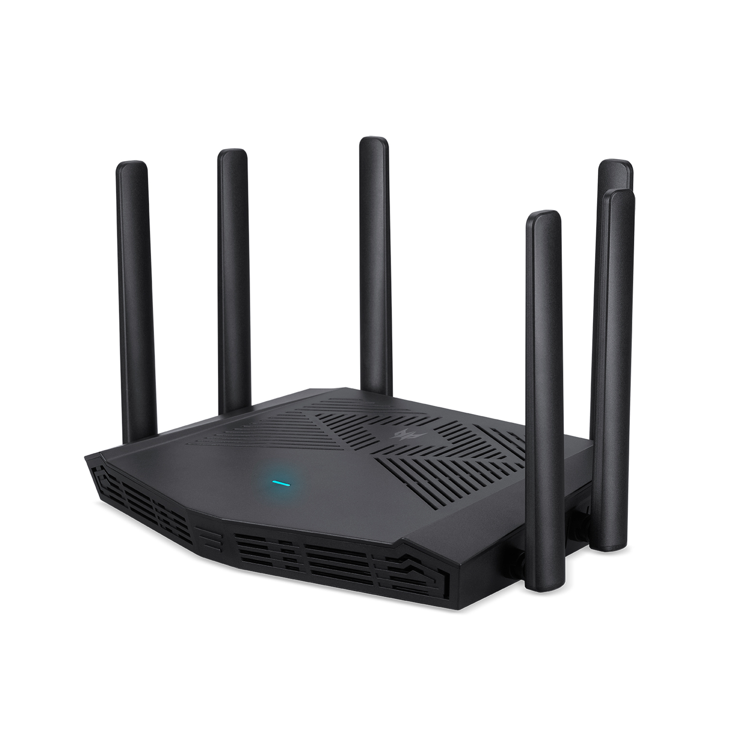 Routeur noir avec six antennes noires. Le routeur est sur fond blanc.