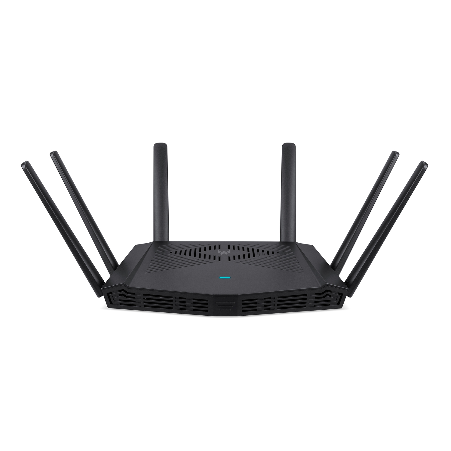 Un routeur Wi-Fi noir avec six antennes disposées en éventail.