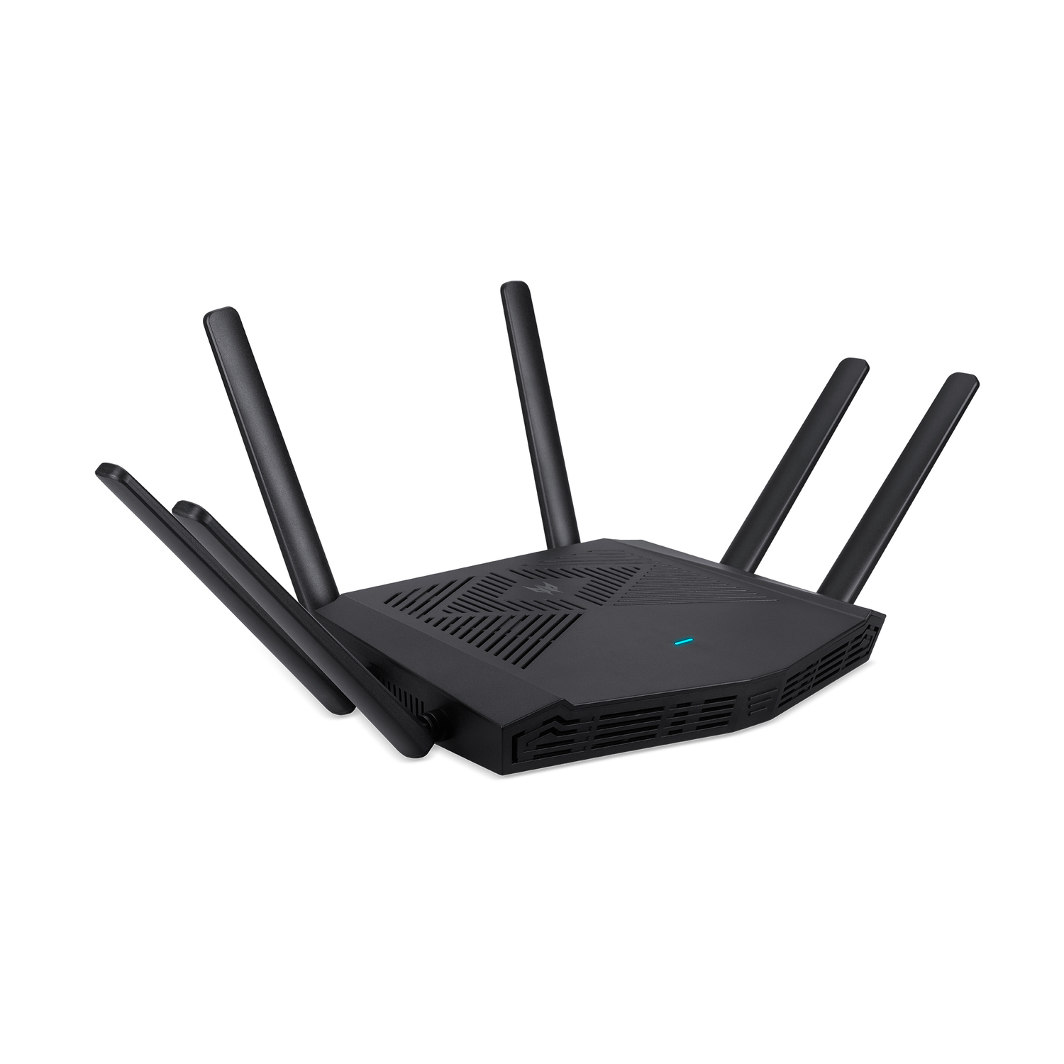 Un routeur noir avec six antennes. Sur fond blanc. Les antennes sont orientées vers l'extérieur.