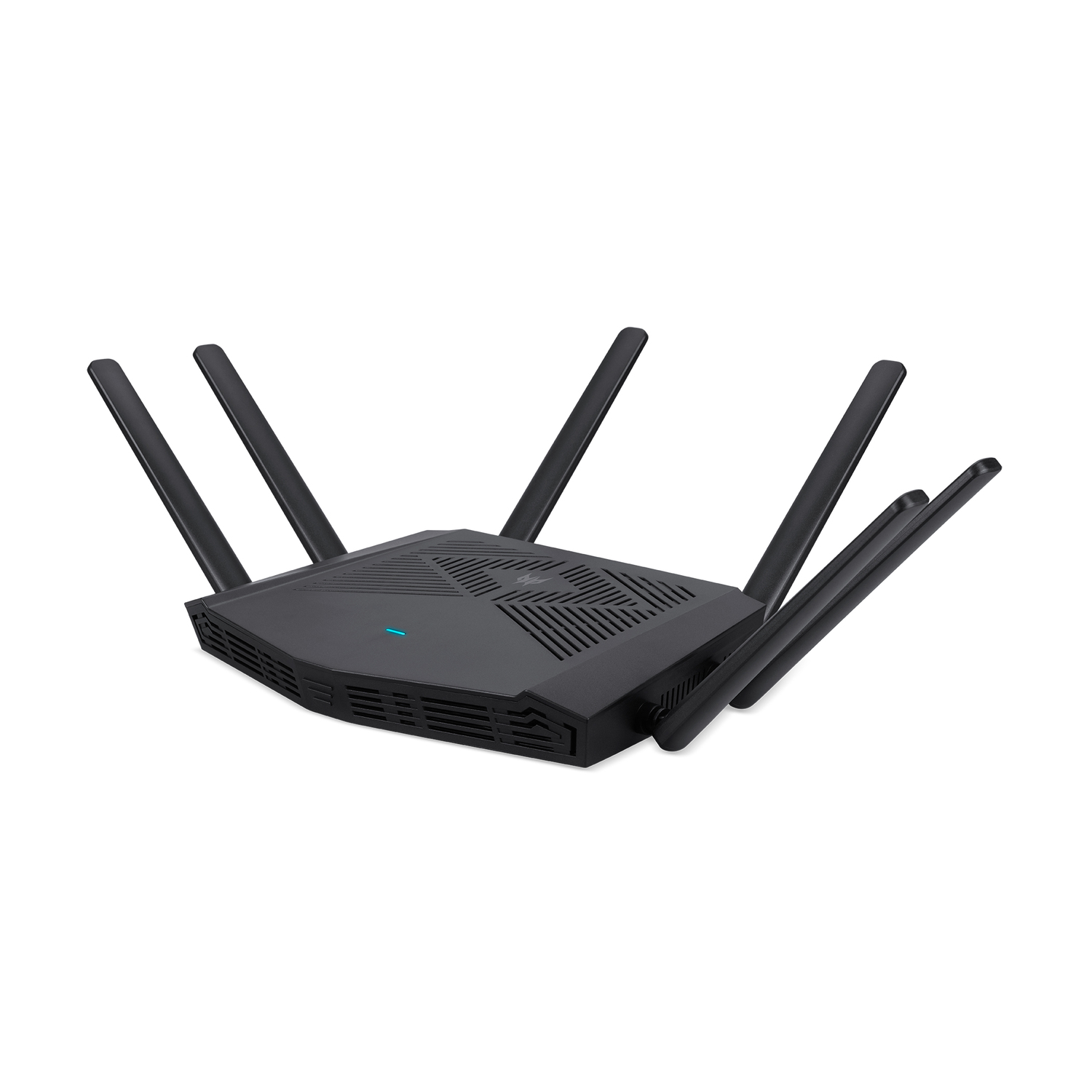 Routeur noir avec six antennes, sur fond blanc.