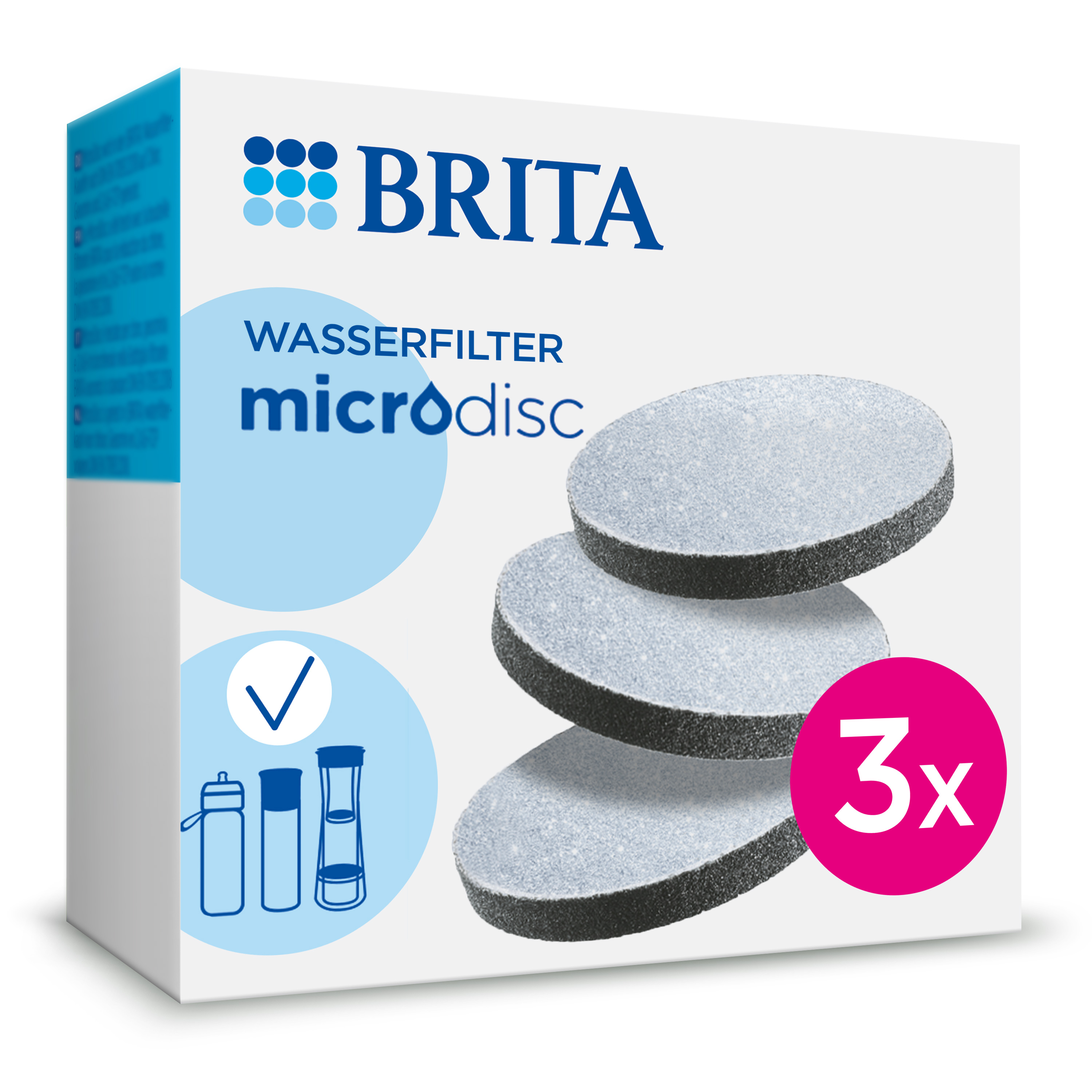Eine weiße und blaue Box mit Brita Microdisc Wasserfiltern und der Zahl 3x.