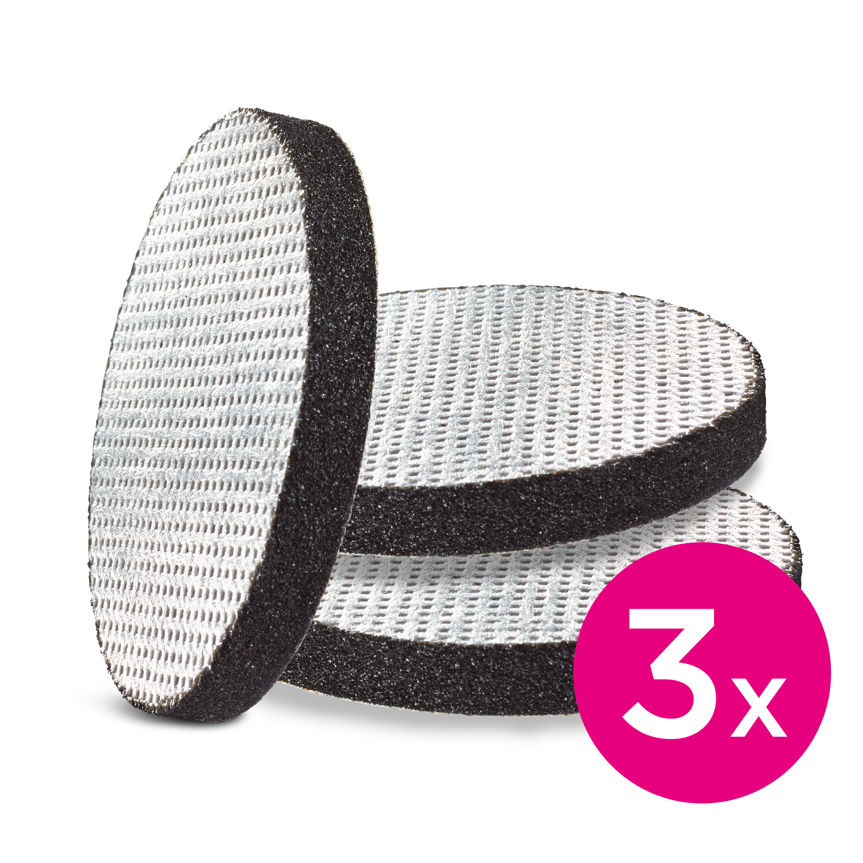 Drei runde, weiße Scheuerschwämme mit schwarzen Rändern. Rechts ist ein pinkfarbener Kreis mit '3x'.