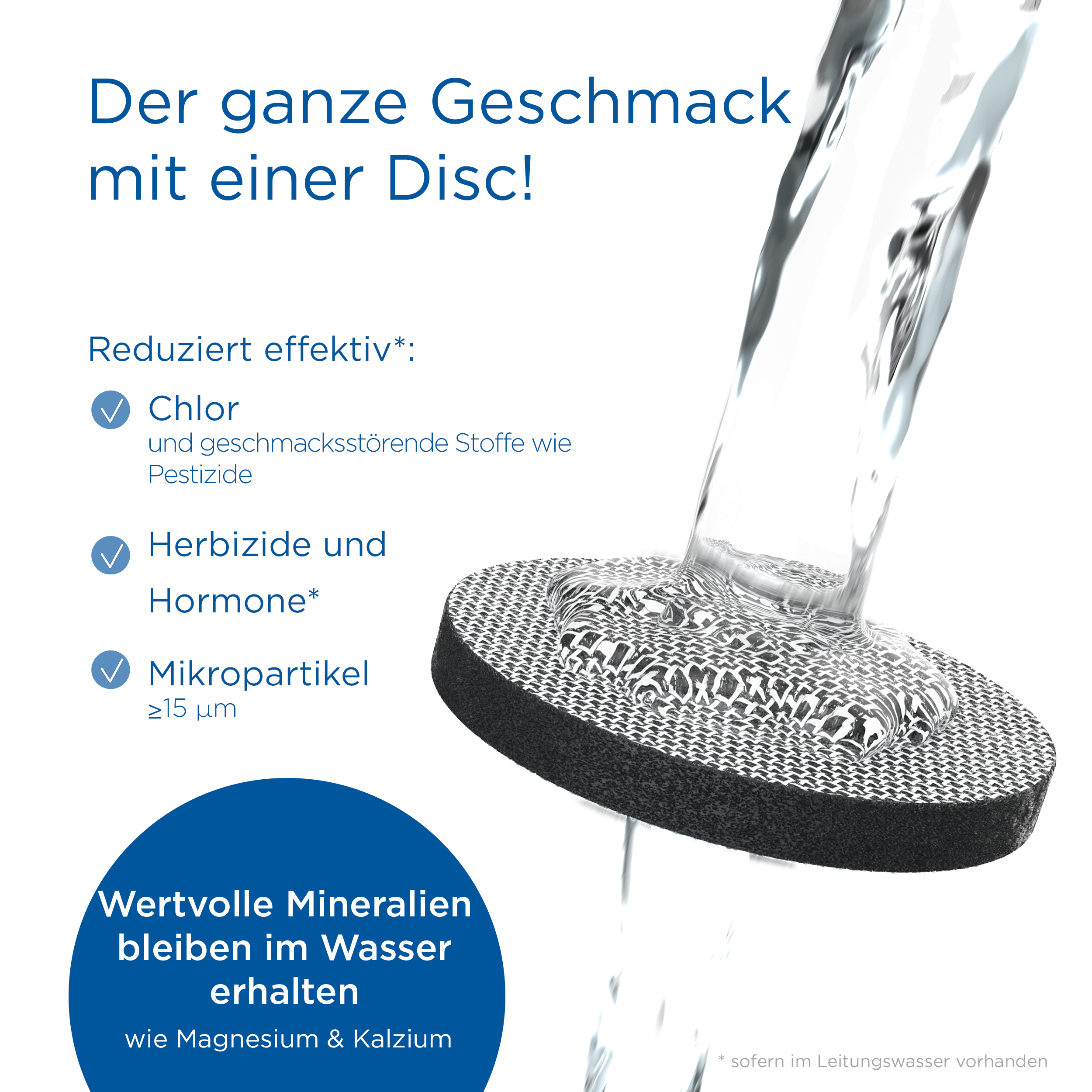 Wasserfilter-Disc mit Text über die Entfernung von Verunreinigungen.