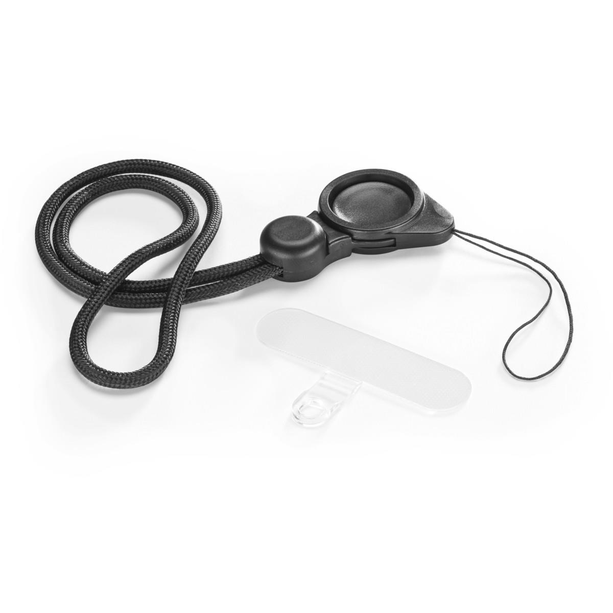 Schwarzes Telefon-Umhängeband mit einem durchsichtigen Telefon-Befestigungsteil.