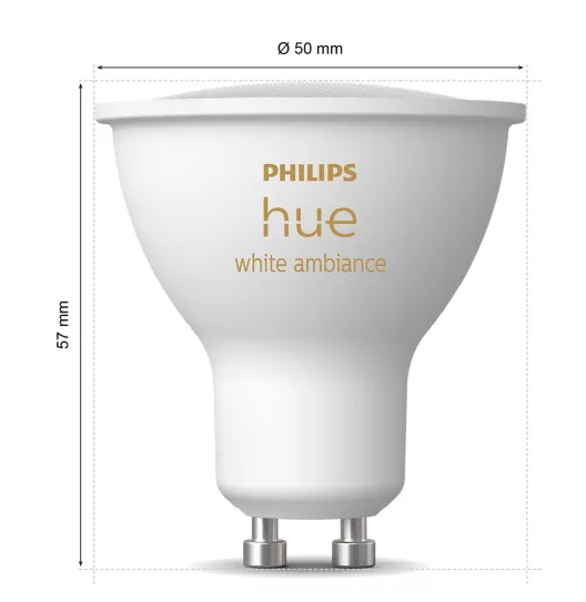 Biała inteligentna żarówka z wymiarami, oznaczona 'PHILIPS hue white ambiance'.