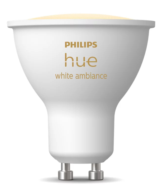 Biała żarówka Philips Hue ze złotym tekstem. Białe tło.