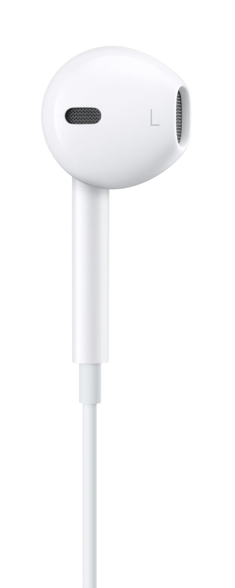 Biała słuchawka z białym przewodem. Słuchawka ma oznaczenie 'L'.
