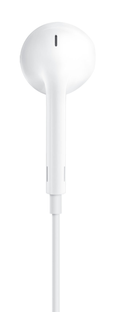 Biały słuchawka, zbliżenie, na białym tle. Widoczny jest wkładka douszna i przewód.