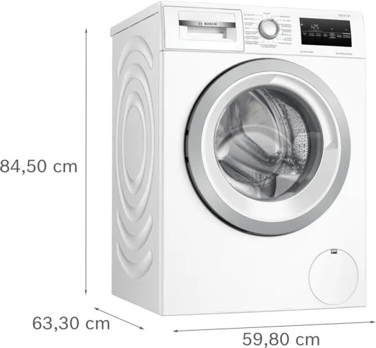 White washing machine with dimensions displayed: 84.50 cm high, 63.30 cm wide, 59.80 cm deep.