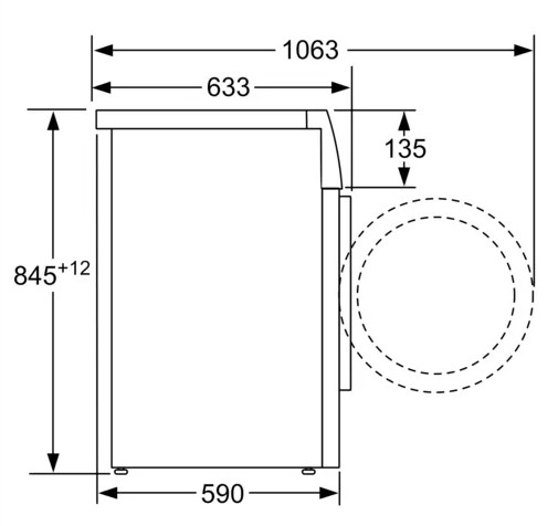 Side view of a white appliance with dimensions in a diagram.