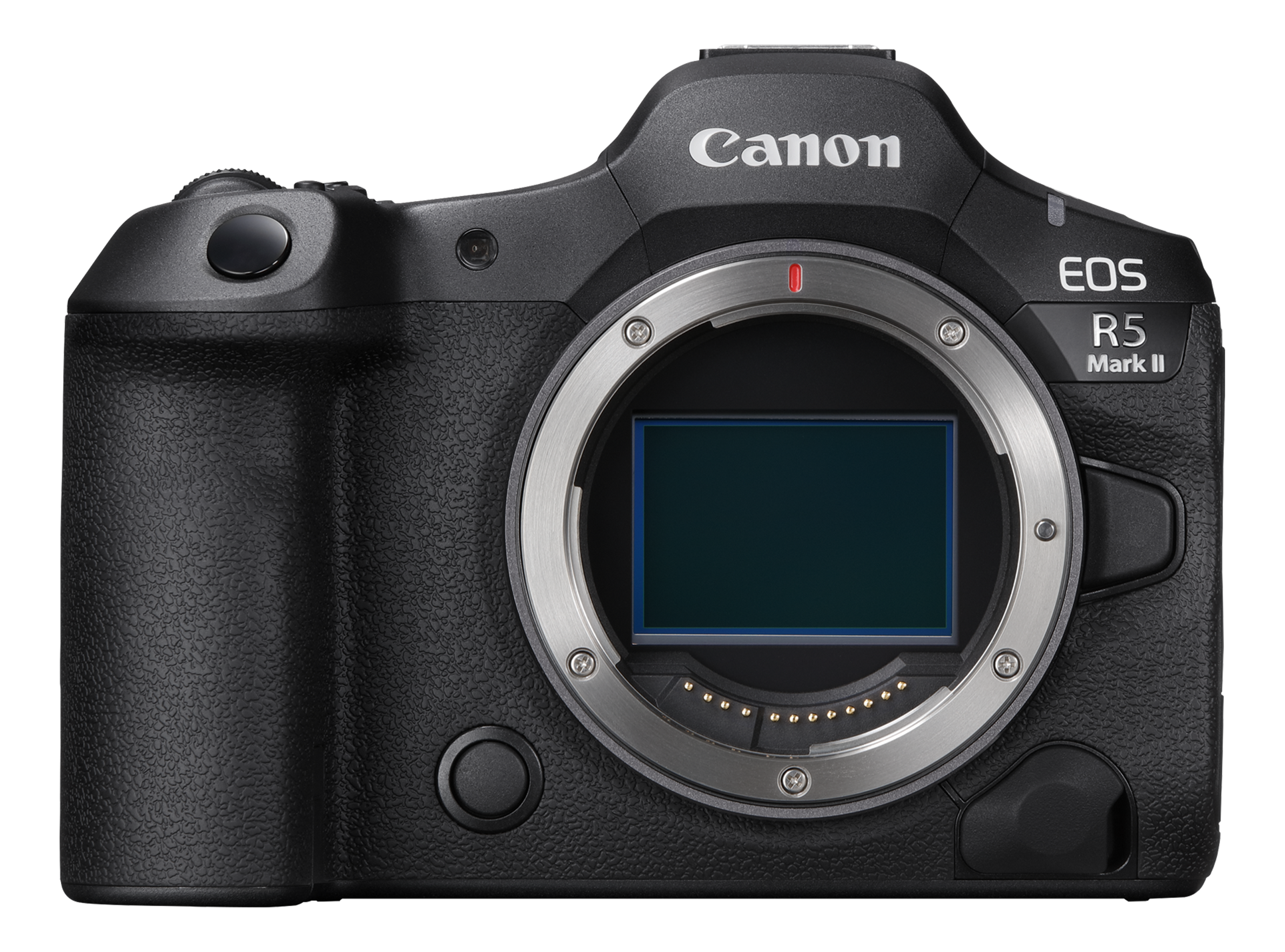 Appareil photo Canon EOS R5 Mark II noir avec monture d'objectif et logo Canon.