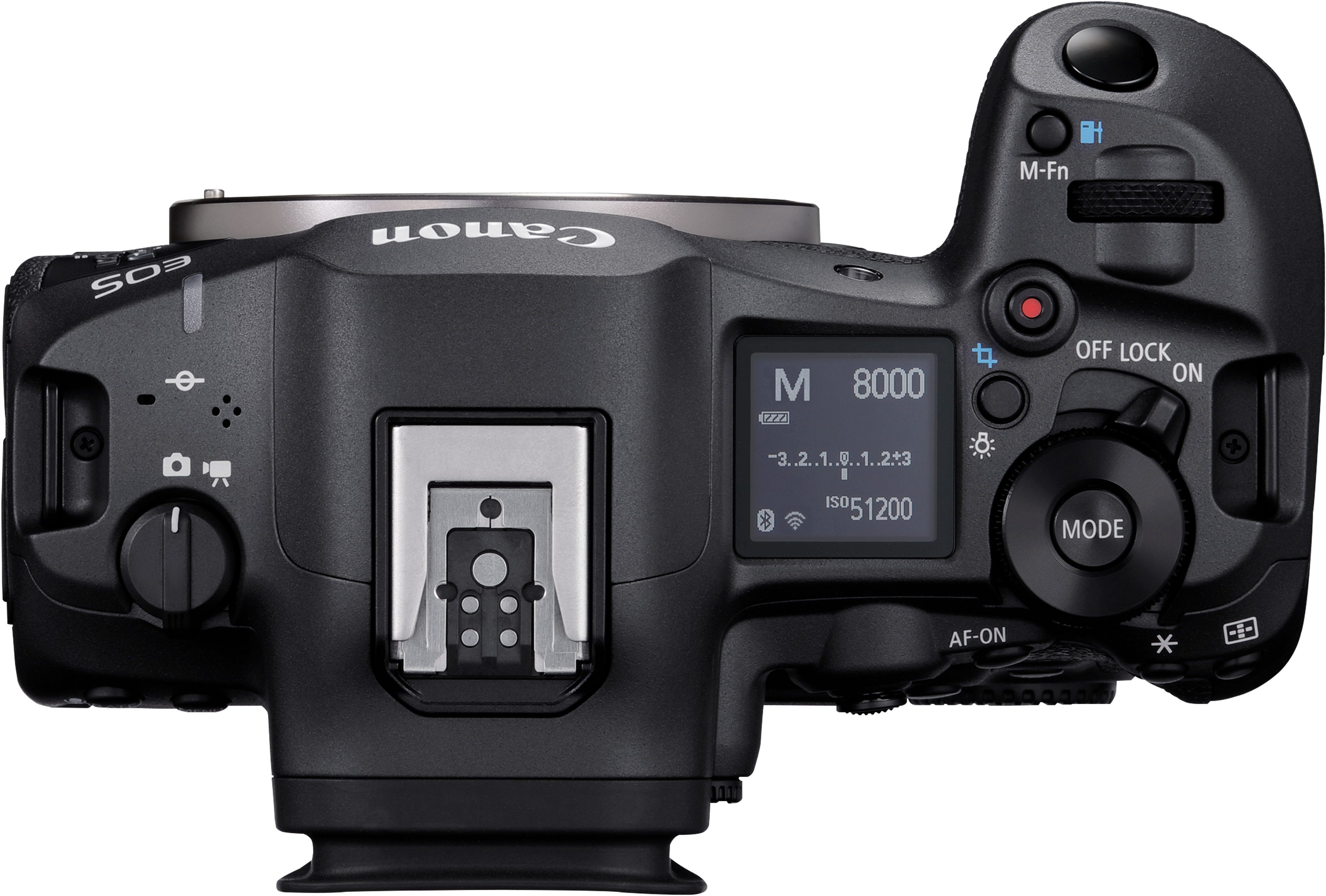 Vue de dessus d'un appareil photo Canon EOS, affichant les commandes, une molette de mode et un écran LCD avec les réglages.