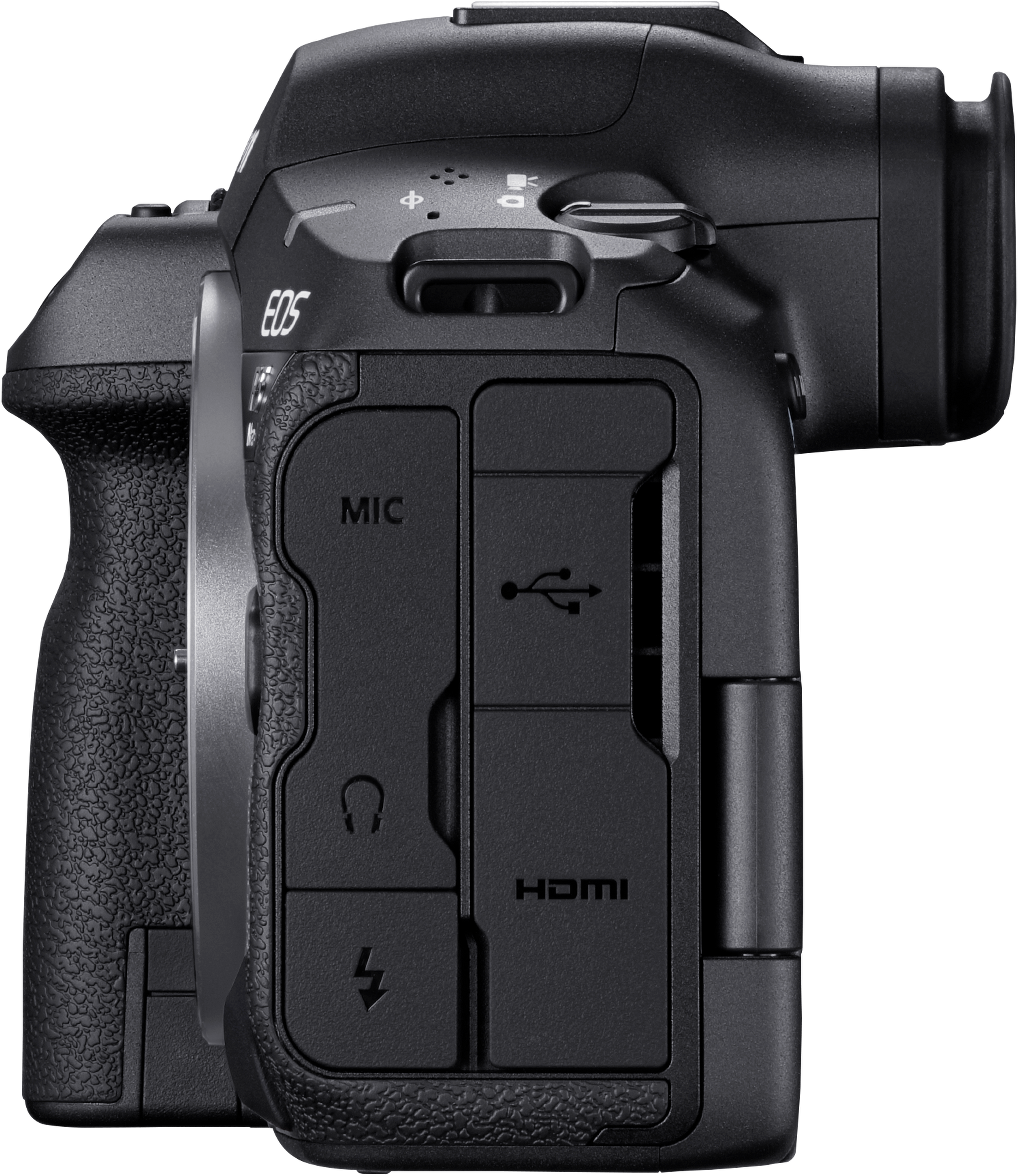 Profil latéral de caméra noire, avec ports MIC, USB, HDMI.