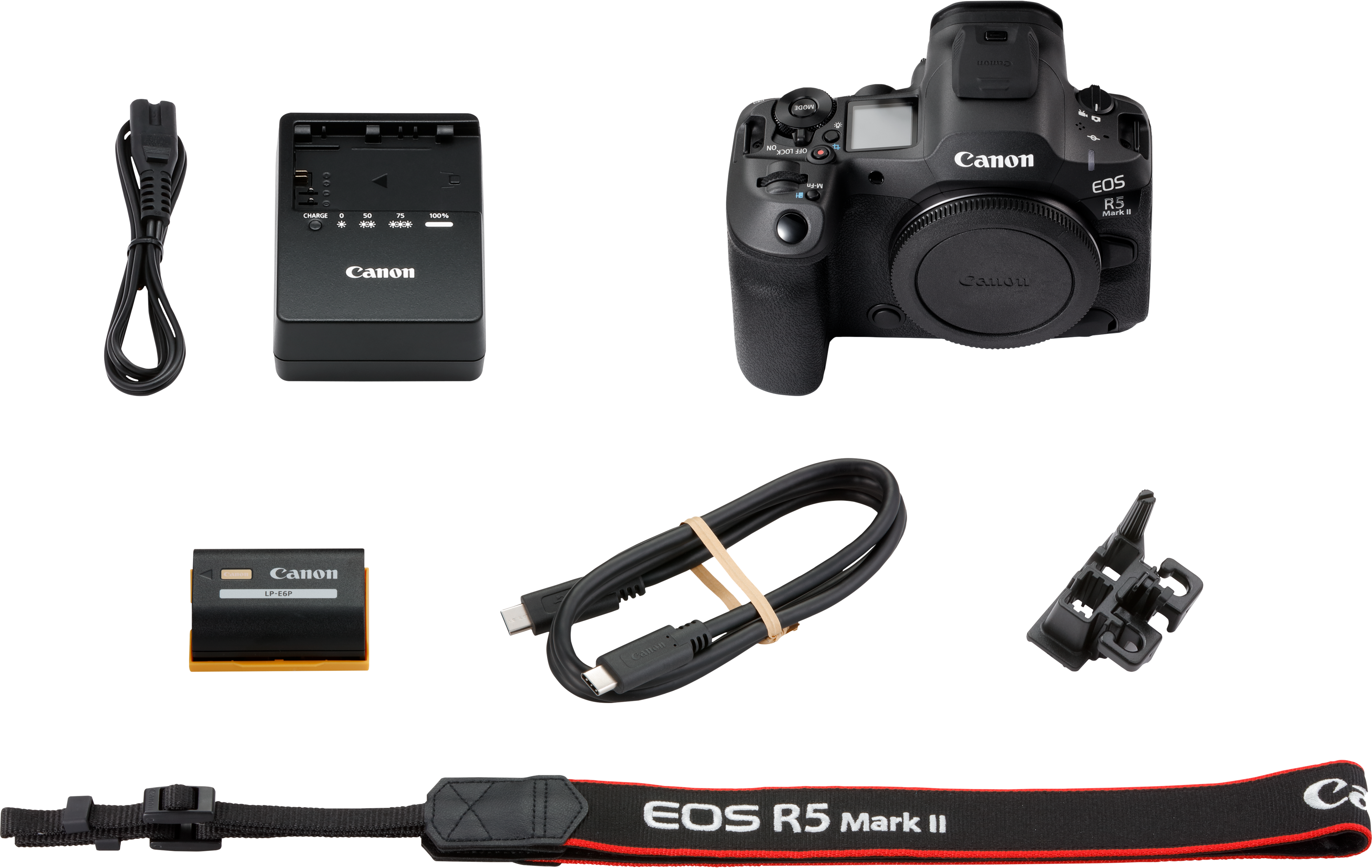 Un kit de caméra Canon EOS R5 Mark II comprenant un appareil photo, un chargeur, une batterie, des câbles et une sangle.