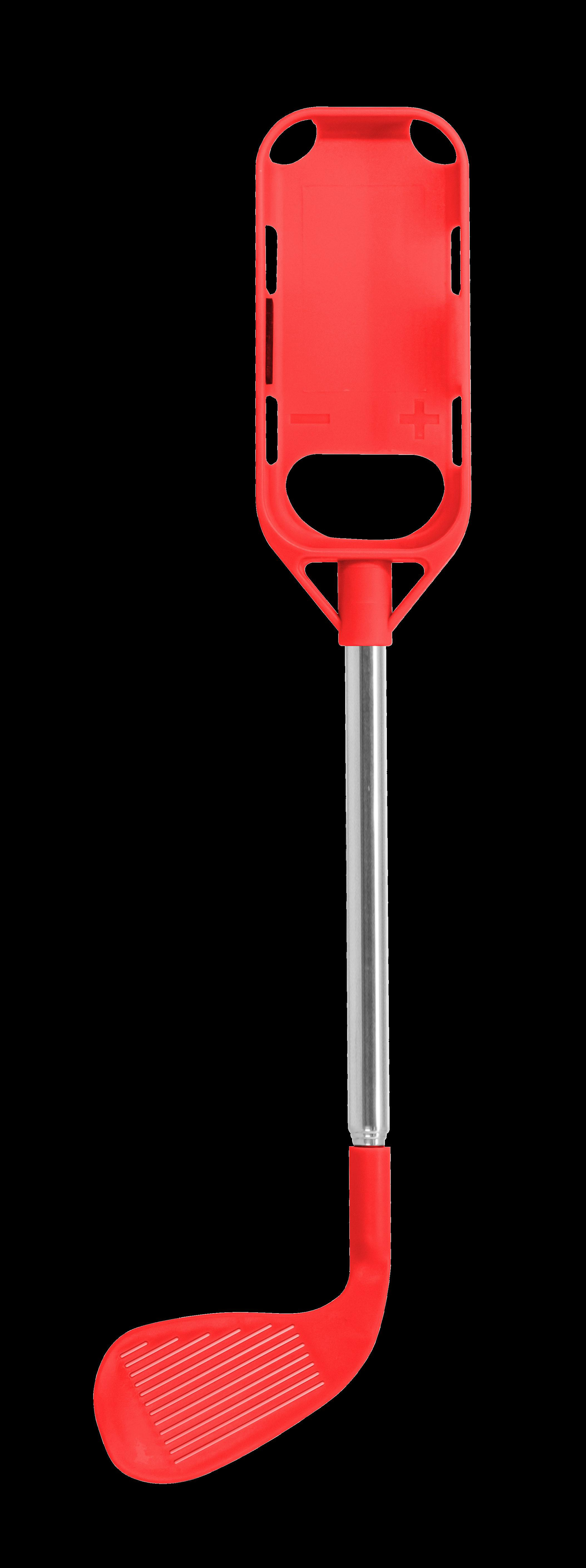 Ein leuchtend rotes Golfschläger-Trainingsgerät vor schwarzem Hintergrund. Es ist ein Schlägerkopf.