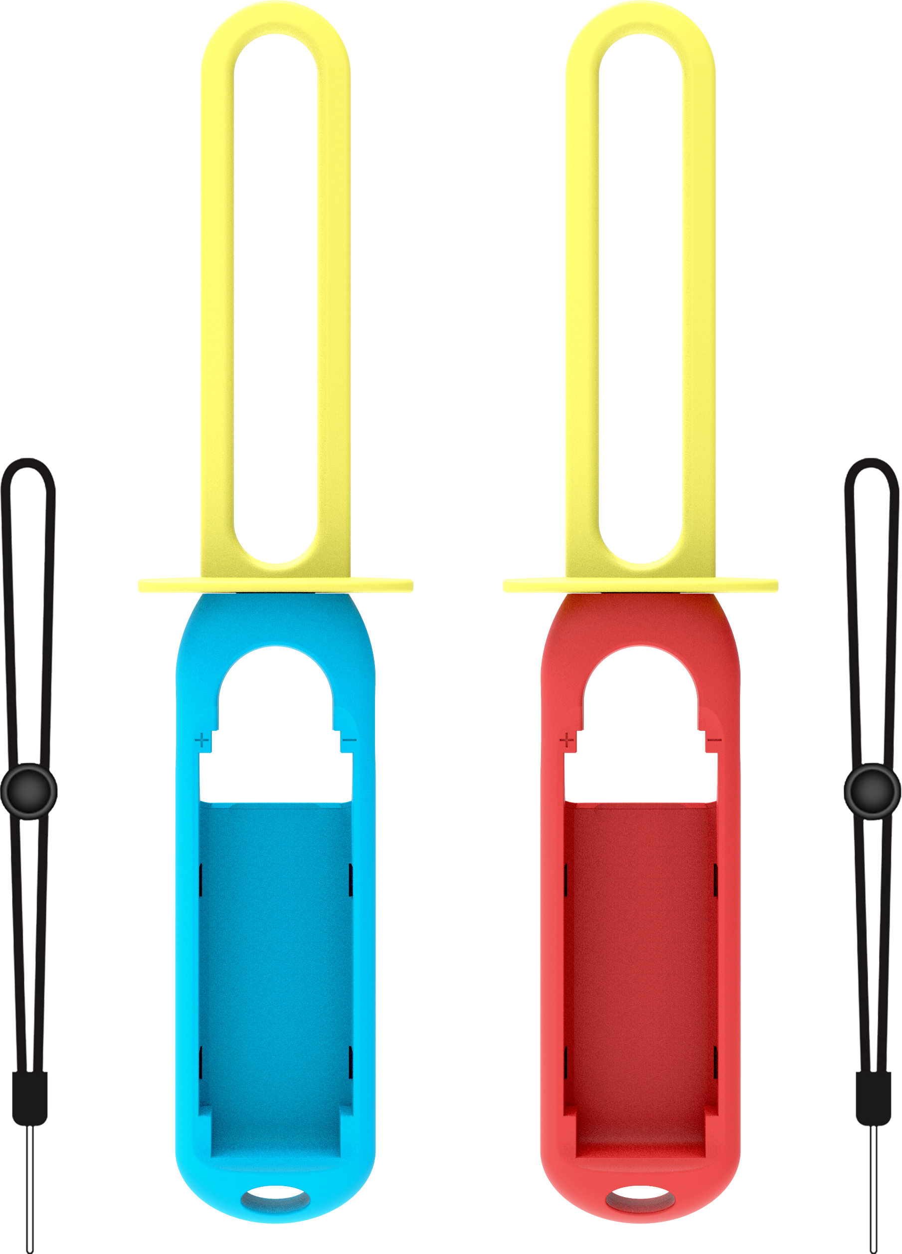 Zwei Eisformen, blau und rot, mit gelben Griffen und schwarzen Kordeln.