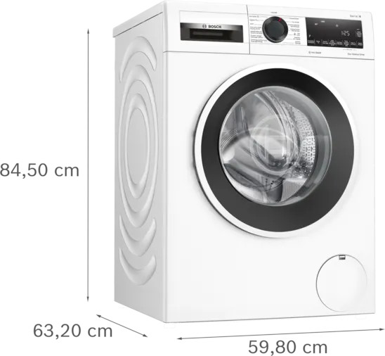 Un lave-linge blanc avec des mesures. C'est un Bosch Série 4 avec une porte et un panneau de commande noirs.