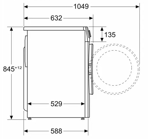 Schéma en vue latérale d'un lave-linge avec dimensions annotées.
