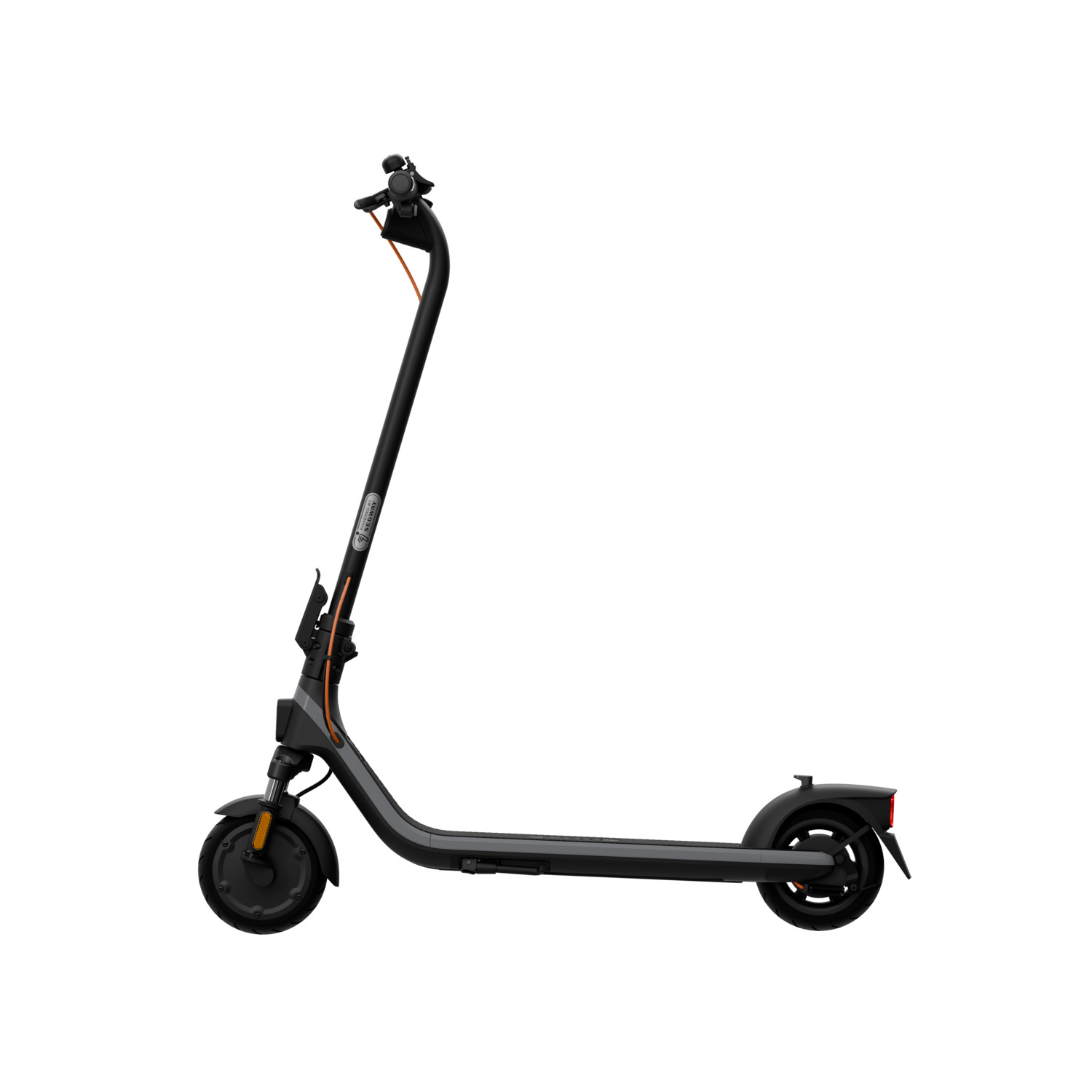 Black and grey electric scooter with orange accents on a white background.
