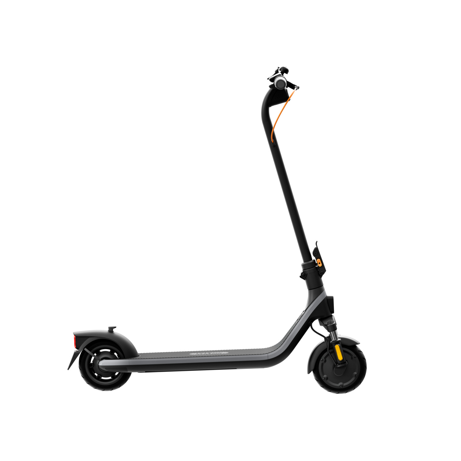 Black electric scooter on a white background, with a black stem and orange accents.