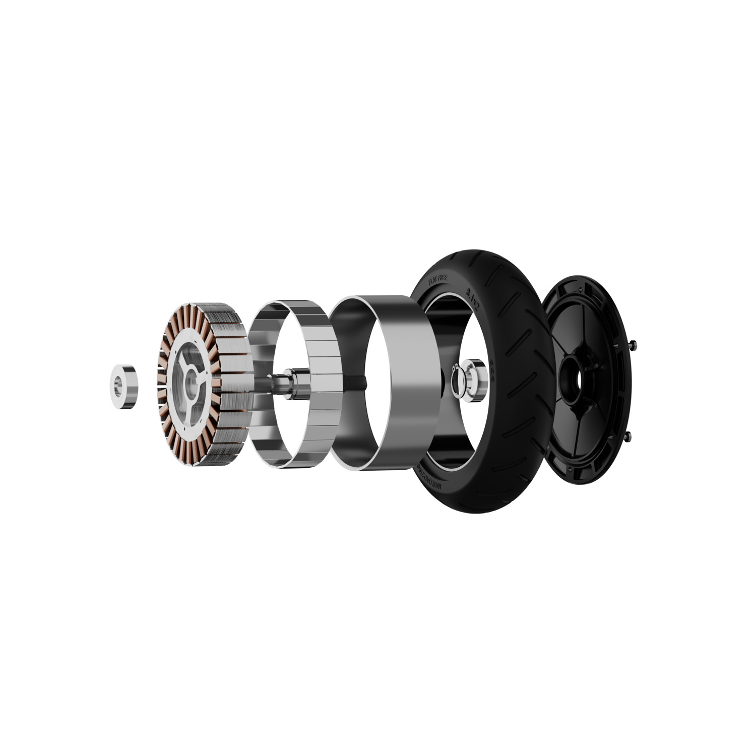 Disassembled electric motor parts: rotor, stator, bearings, tire, and wheel.