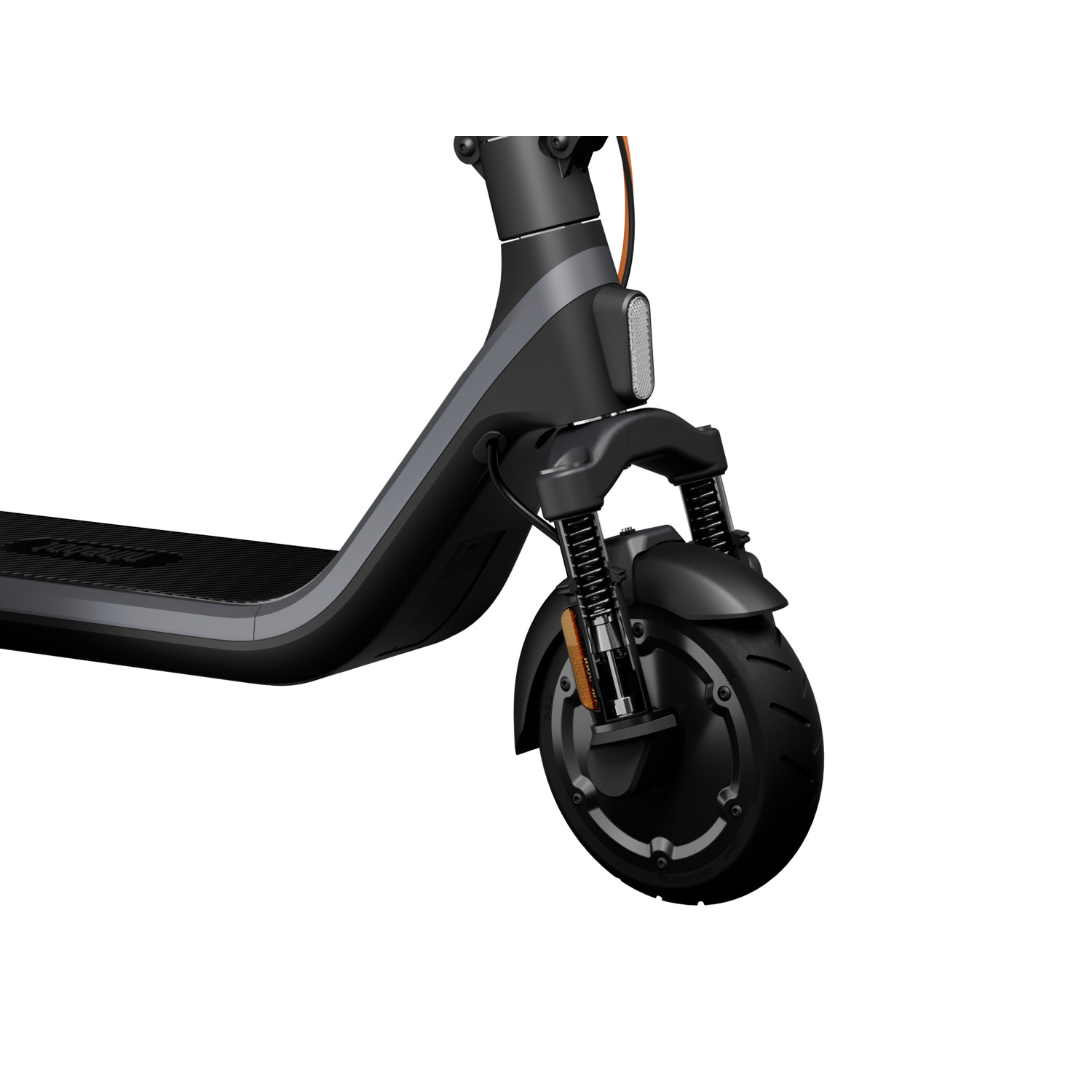 The front wheel of a black electric scooter with a suspension system.