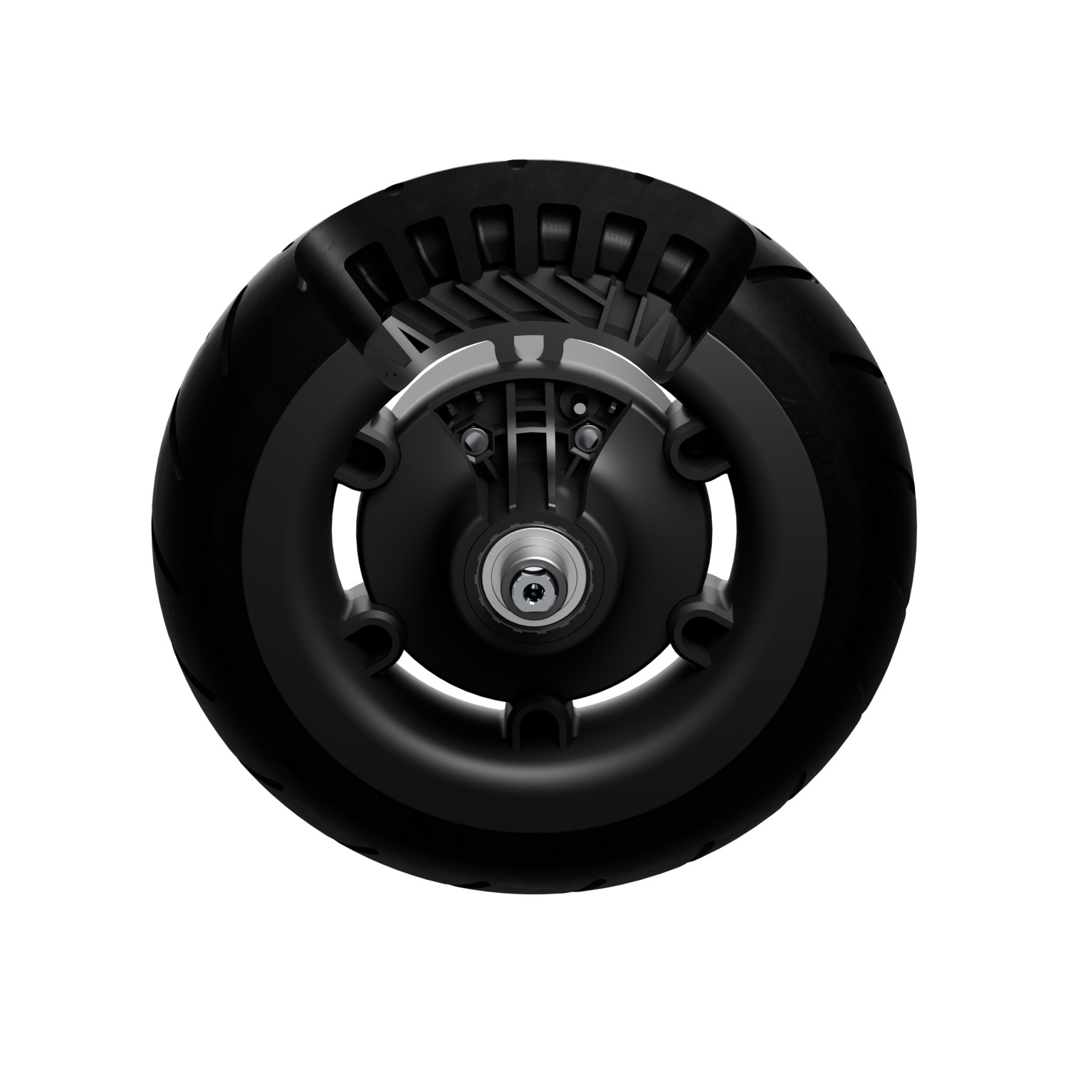 A black wheel with a cutaway view showing the inner workings, revealing its mechanics.