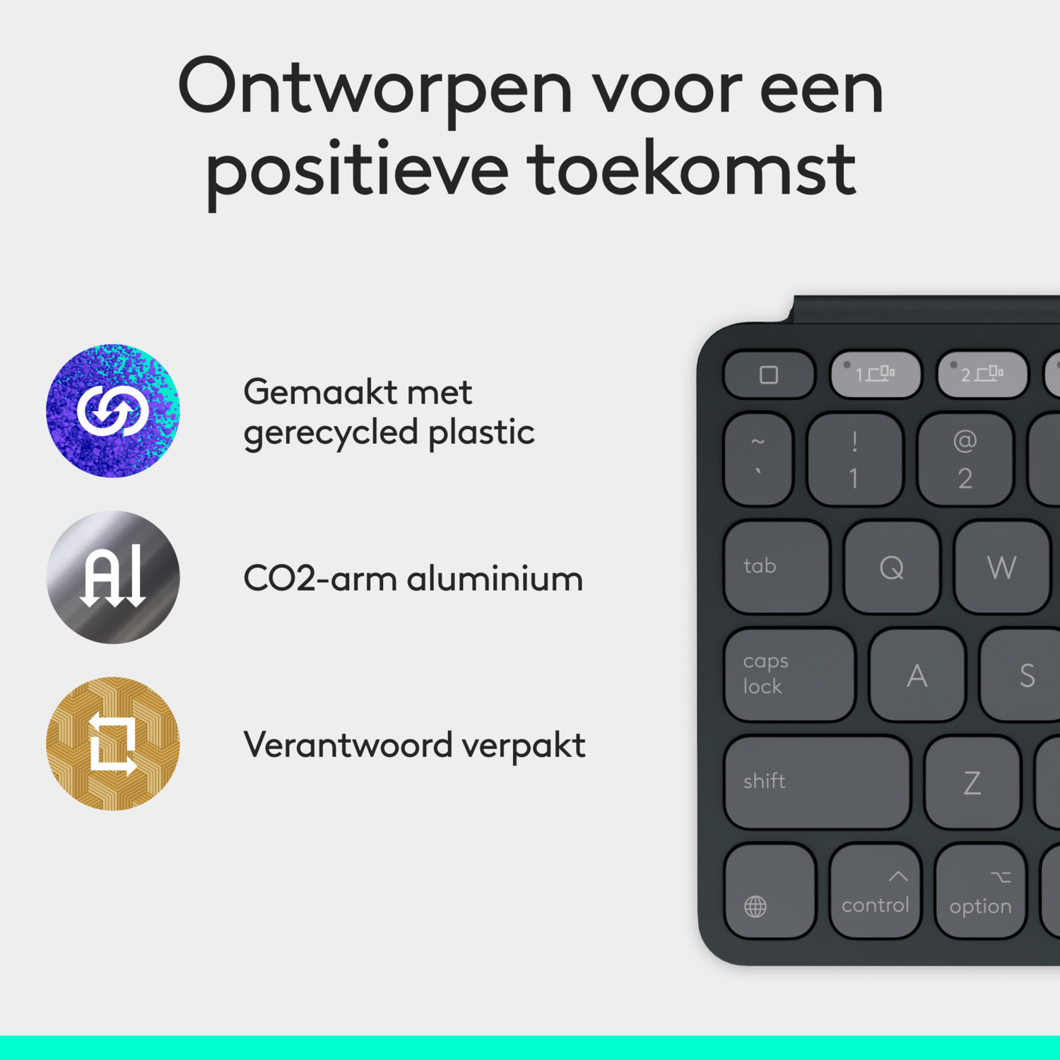 Keyboard with icons and text about recycled plastic, CO2-arm aluminum, and responsible packaging.