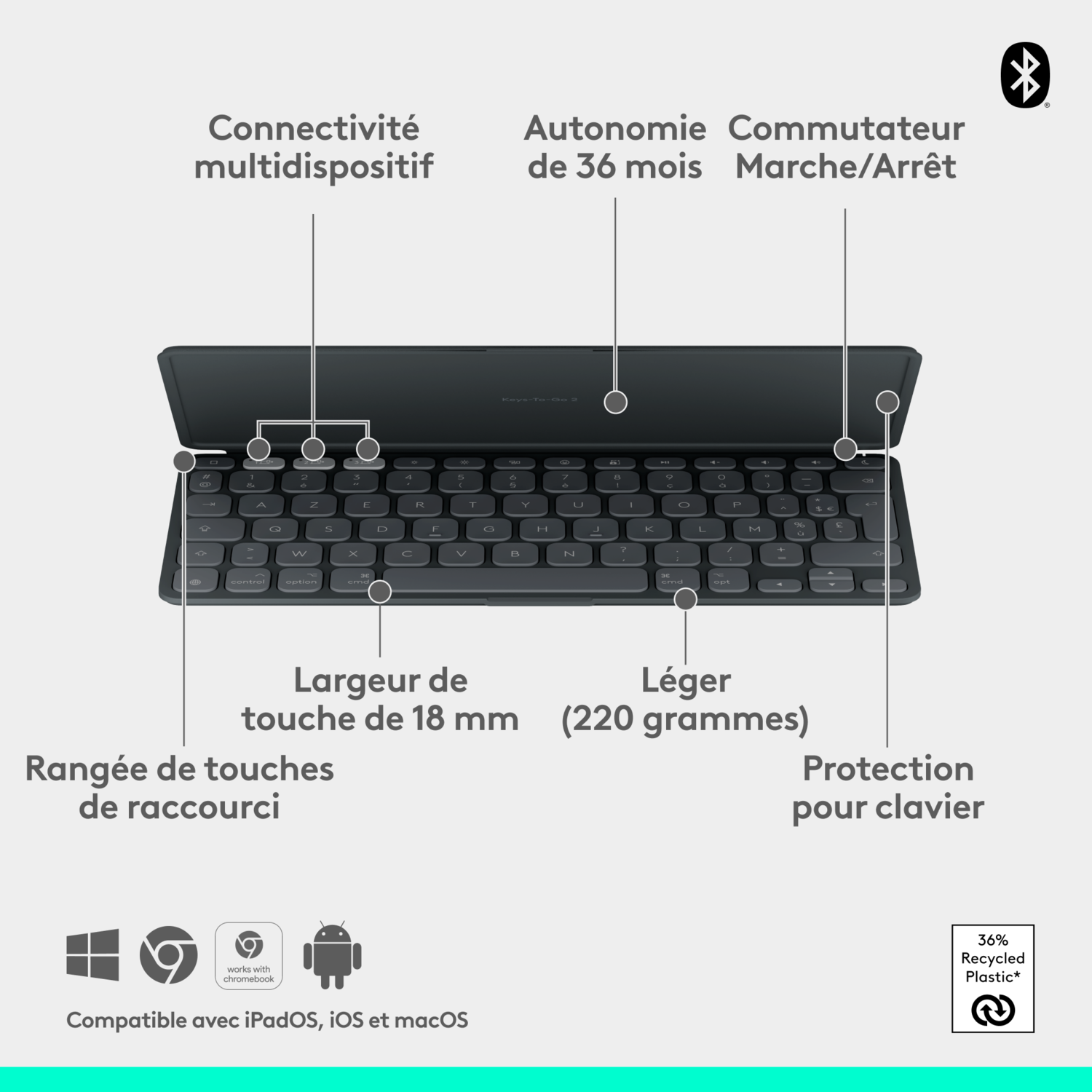 Un clavier noir avec des touches de raccourci, une connectivité sans fil et d'autres fonctionnalités.