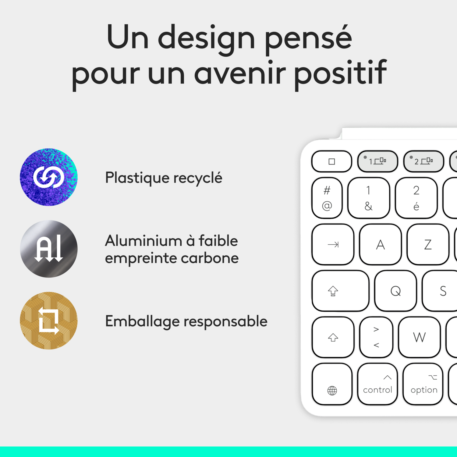 Clavier blanc avec texte et icônes, incluant recyclage, faible empreinte carbone et emballage responsable.