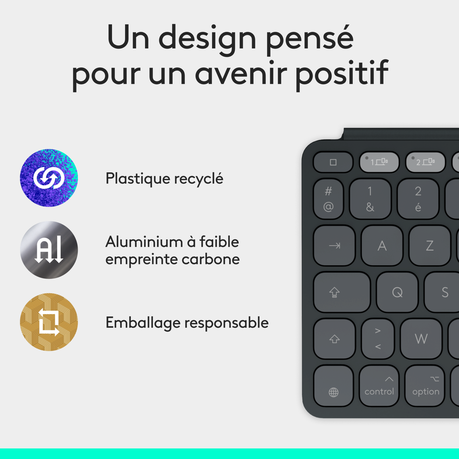 Un clavier avec des éléments de design et du texte. Il a des icônes de recyclage, bas carbone et emballage responsable.