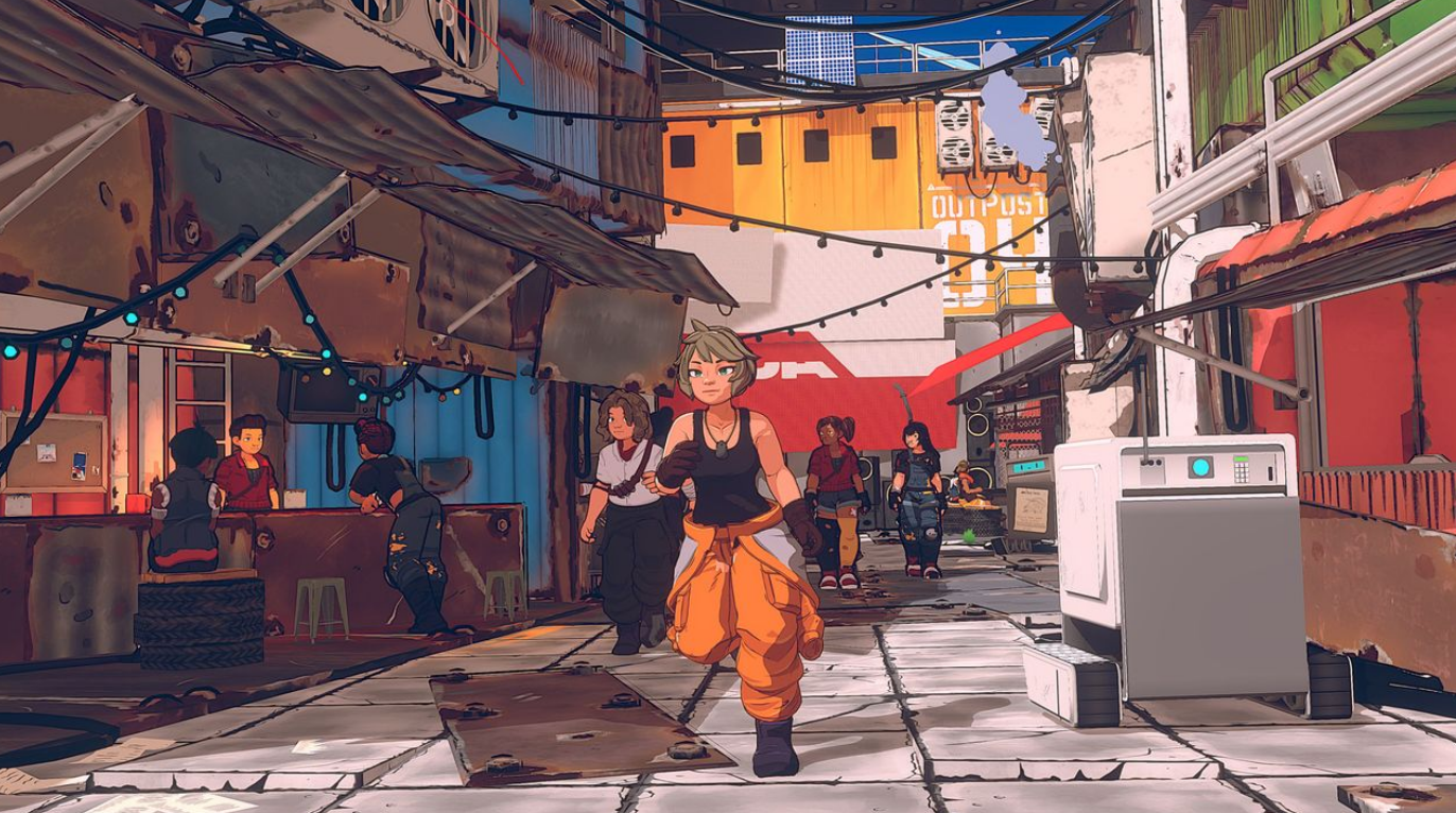 Eine cartoonartige Szene einer Stadtstraße mit Menschen und Gebäuden.