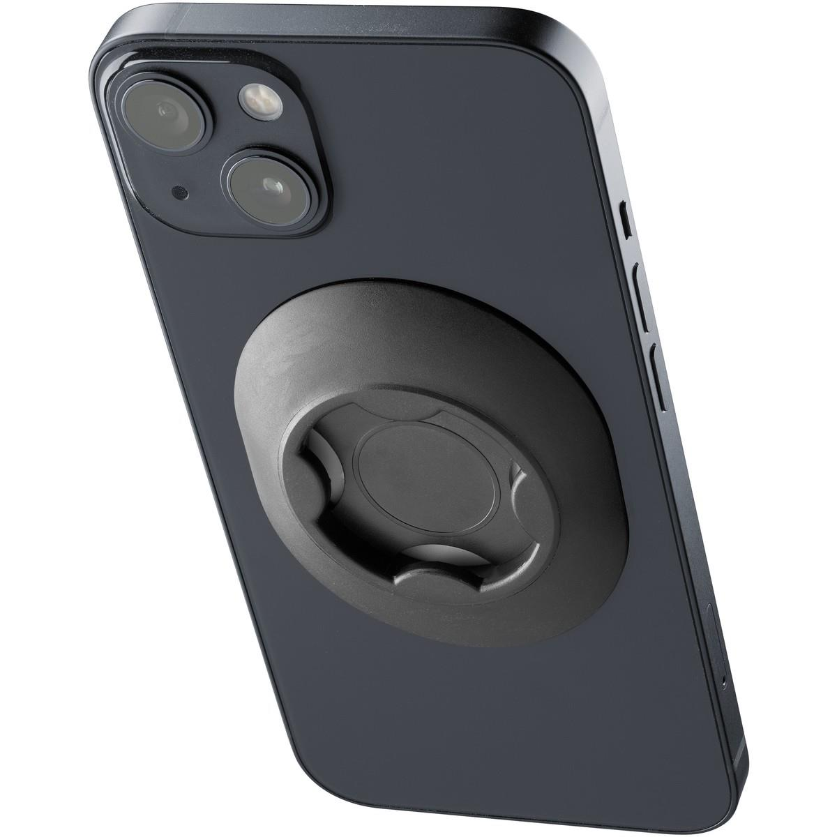 Ein schwarzes Telefon mit einem runden, schwarzen Aufsatz auf der Rückseite.