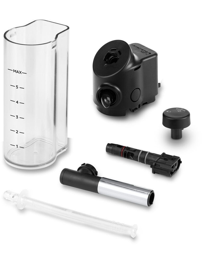 Części ekspresu do kawy DeLonghi, w tym zbiornik na wodę i pompa.