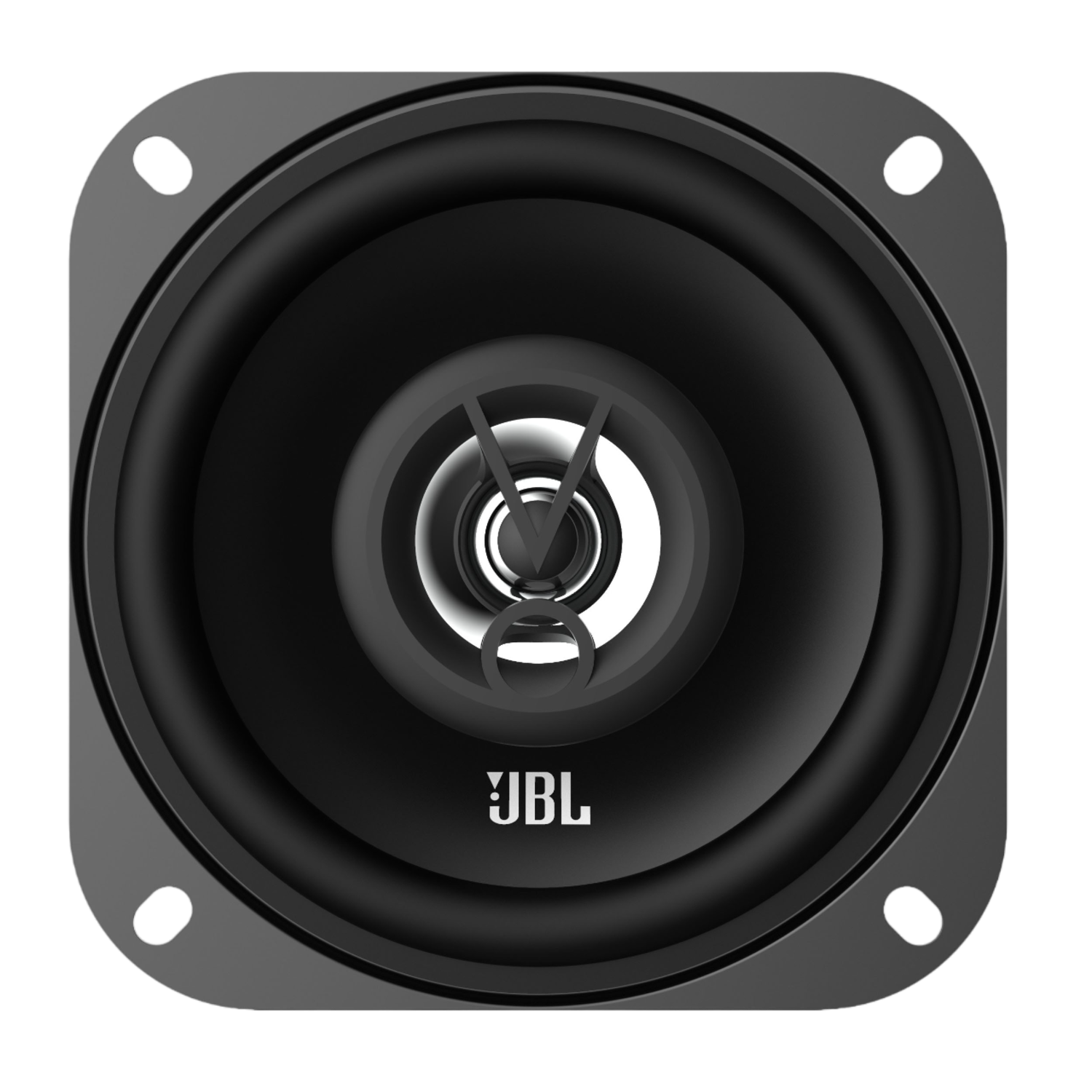 Zwarte JBL-luidspreker. Vierkante vorm, met een zwarte luidsprekerconus en JBL-logo in wit.