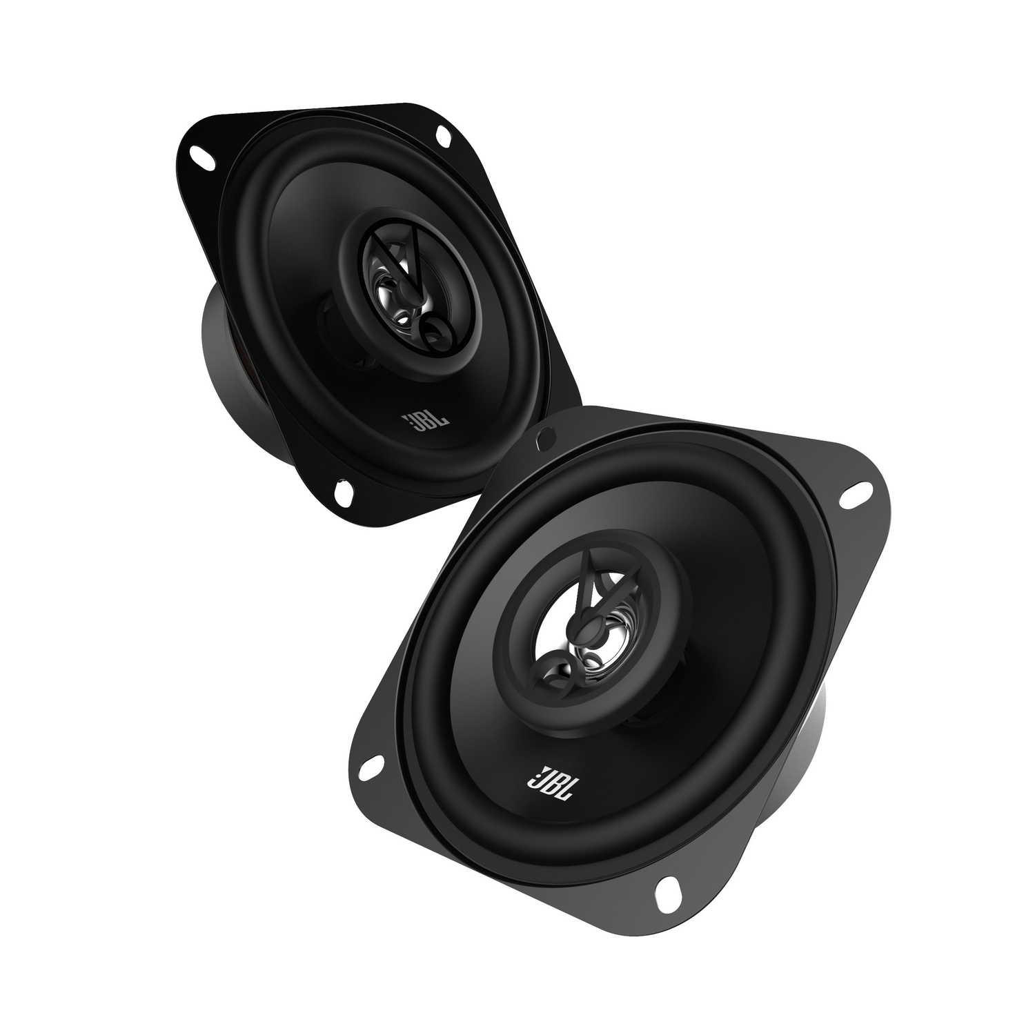 Twee zwarte JBL-luidsprekers, schuin naar de kijker op een witte achtergrond.