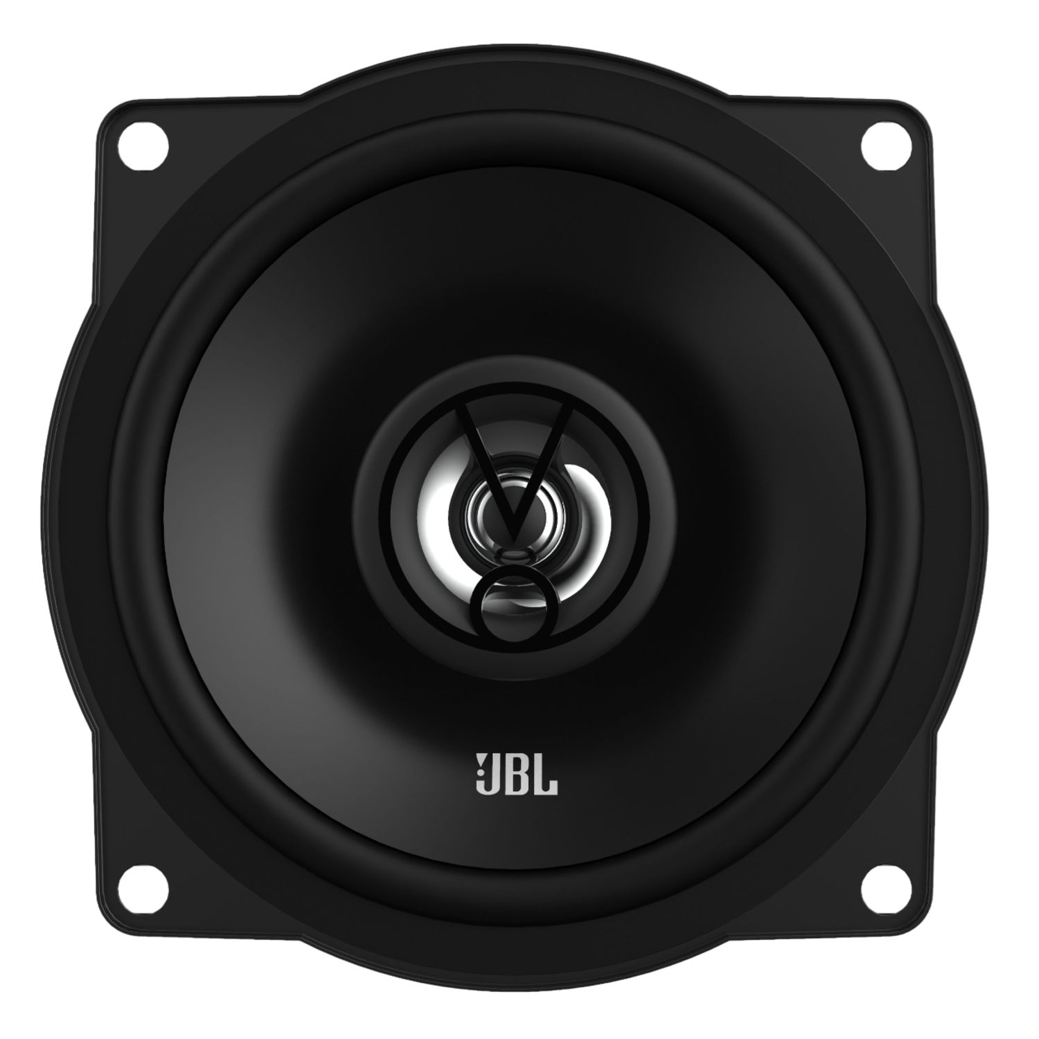 Een zwarte JBL-luidspreker. Het heeft een zwarte conus met een zilveren midden en vier schroefgaten.