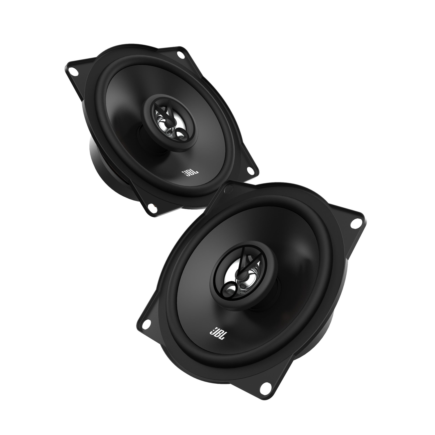 Twee zwarte JBL-luidsprekers. Ze zijn ovaal van vorm. De achtergrond is effen wit.