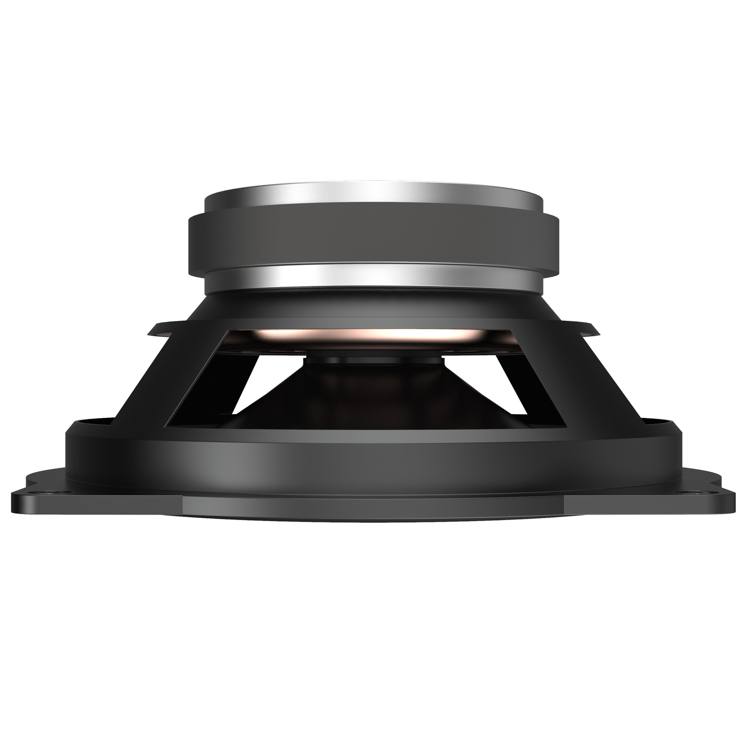 Zwarte luidspreker component. Het heeft een metalen ring, een conus en een vierkante basis.