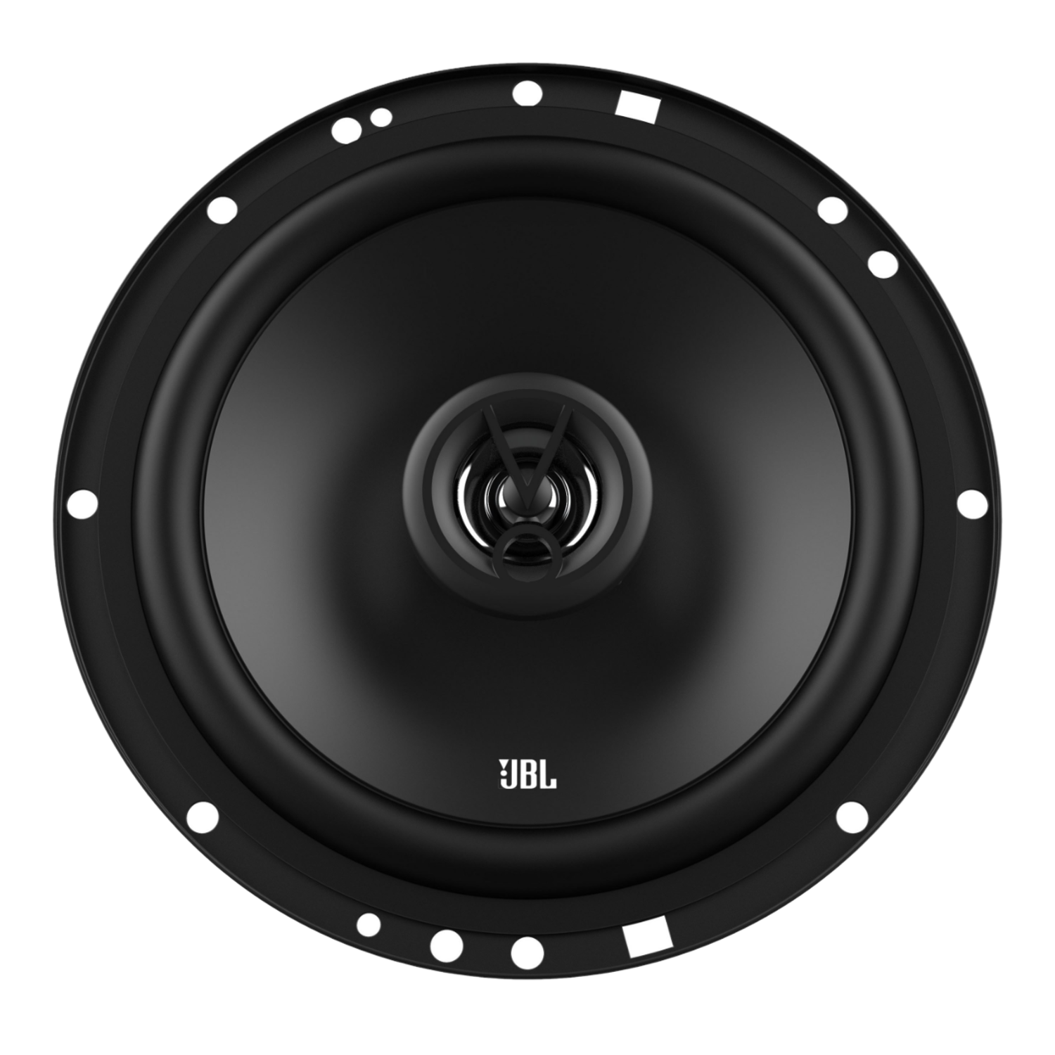 Zwarte JBL autospeaker. Hij is rond met een centrale conus, omcirkeld door witte bevestigingspunten.