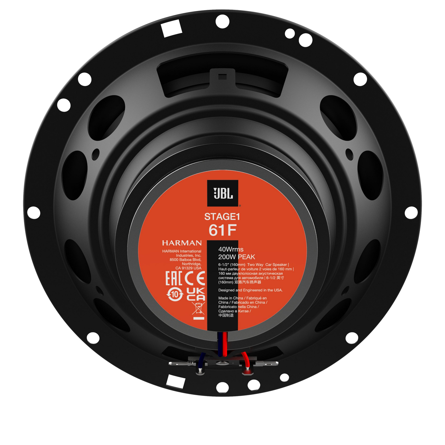 Zwarte JBL-luidspreker met rode en blauwe draden. Centraal oranje label.
