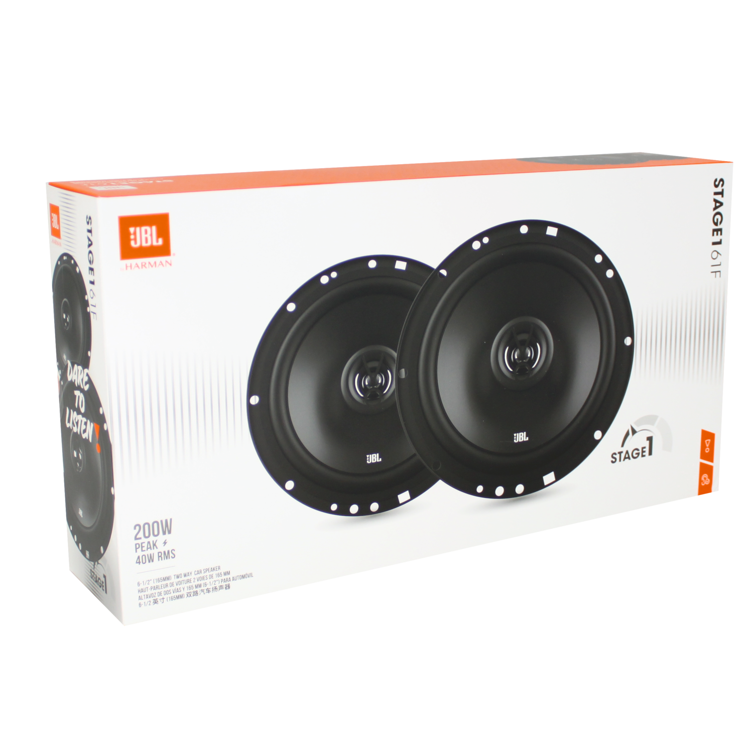 Twee zwarte autoluidsprekers in hun doos. De doos is wit met JBL- en Harman-logo's.
