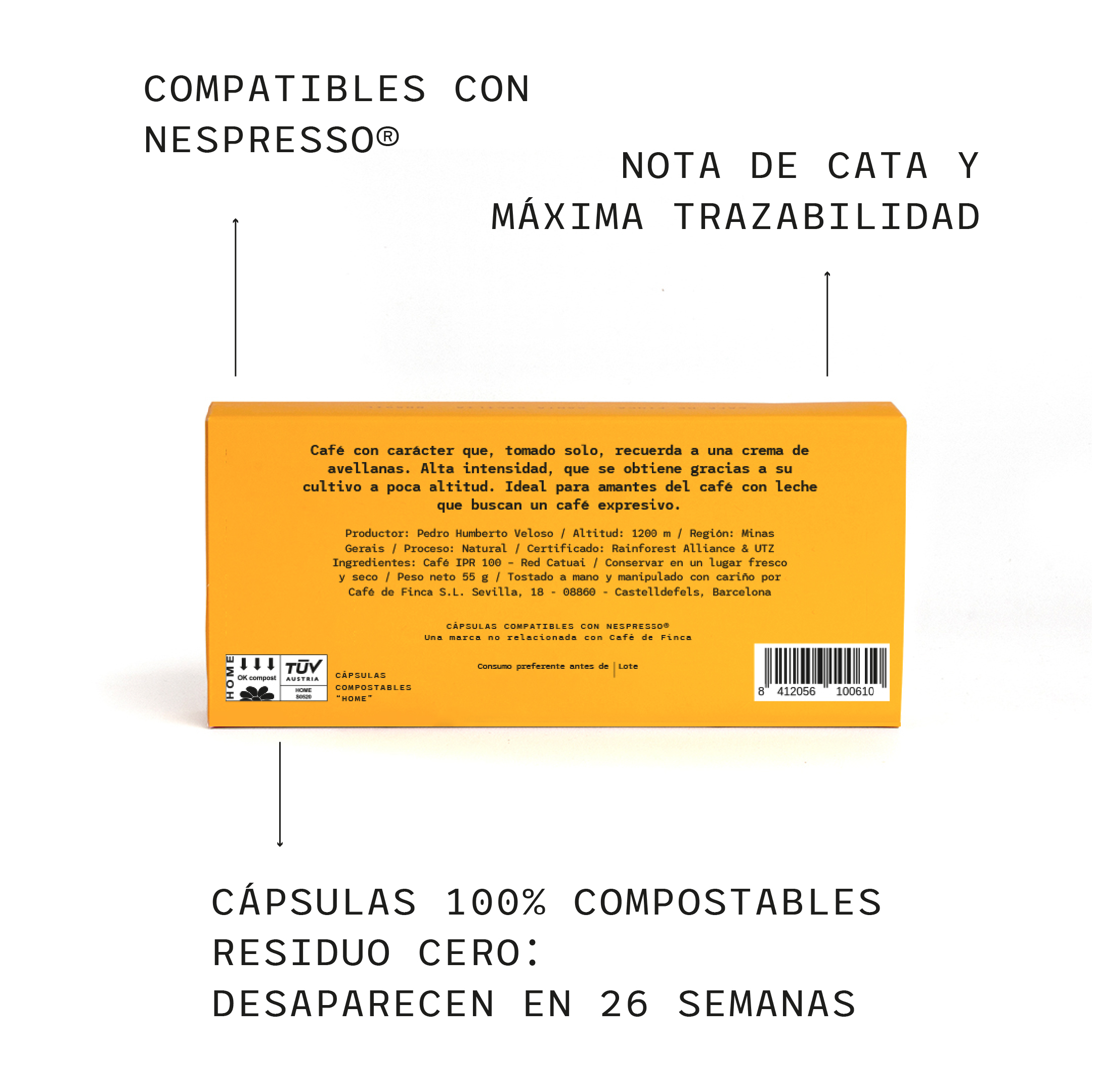 Un paquete de cápsulas de café amarillo con texto y un código de barras, que indica que es compostable y dura 26 semanas.