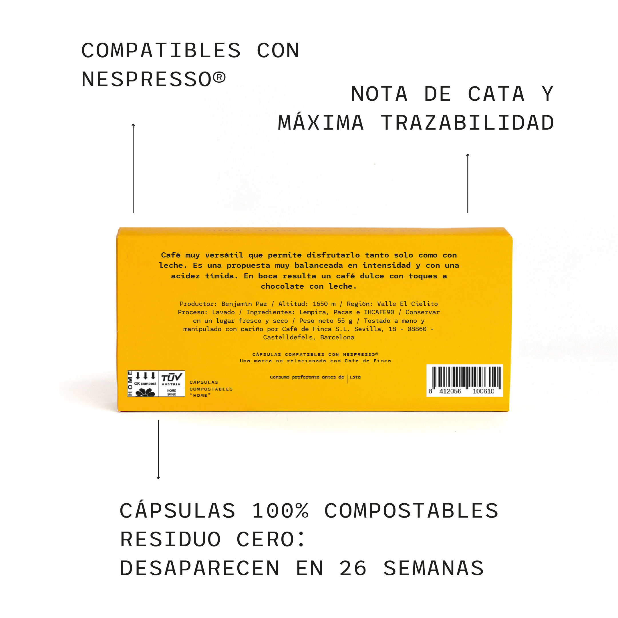 Un paquete de cápsulas amarillas con texto y un código de barras.