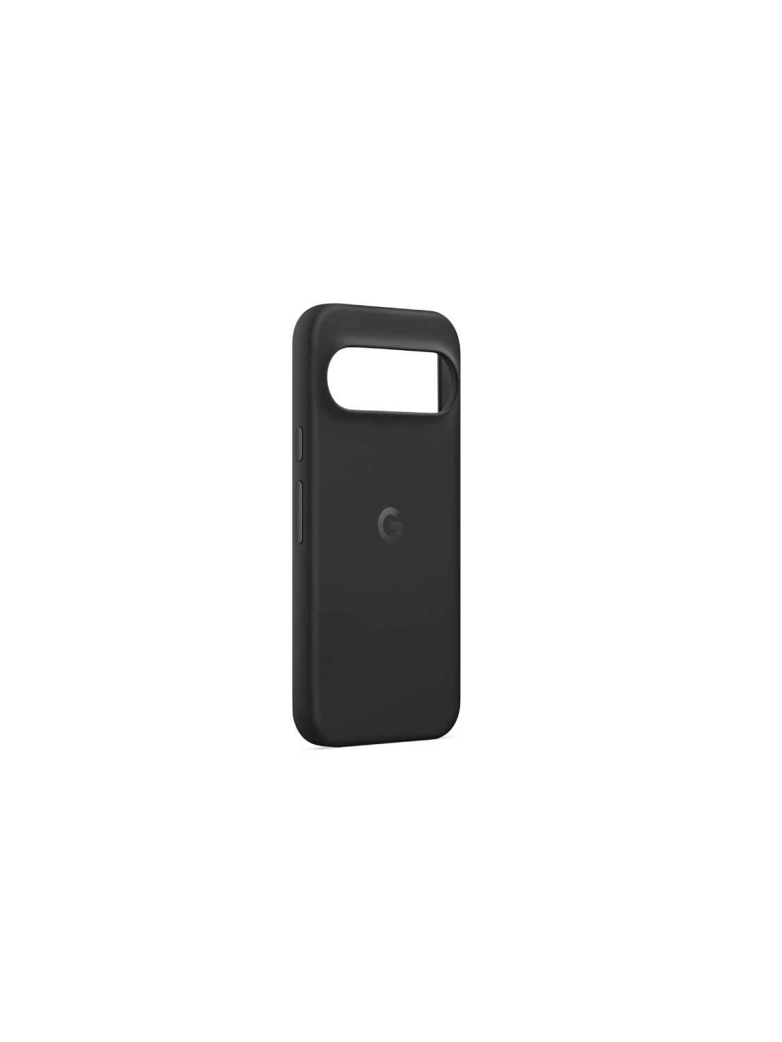 Una funda negra para teléfono con el logo de Google, aislada sobre un fondo blanco.