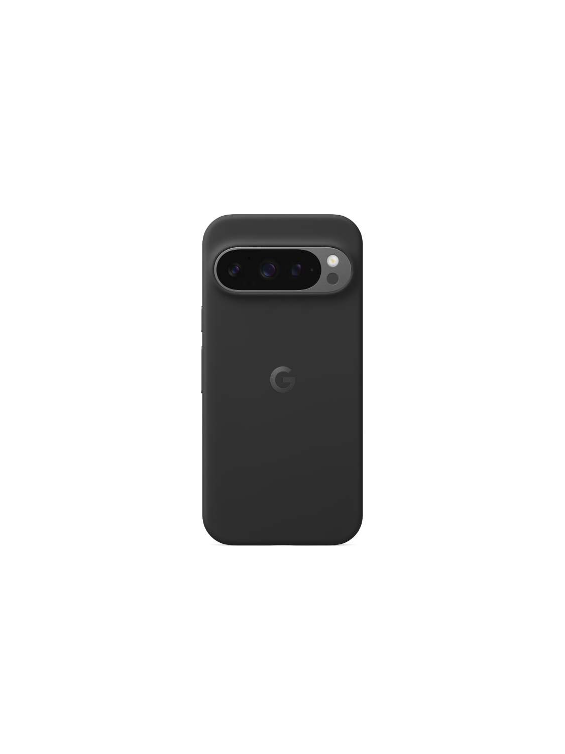 Un teléfono negro en una funda oscura con tres lentes de cámara, aislado sobre fondo negro.