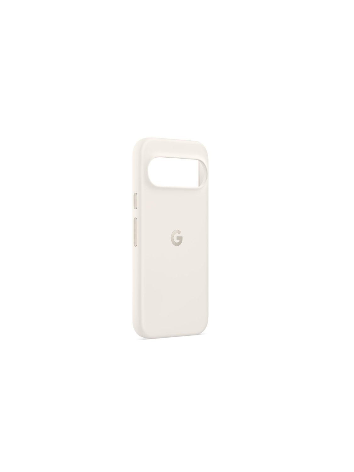 Una funda blanca para teléfono con el logotipo de Google sobre un fondo blanco.