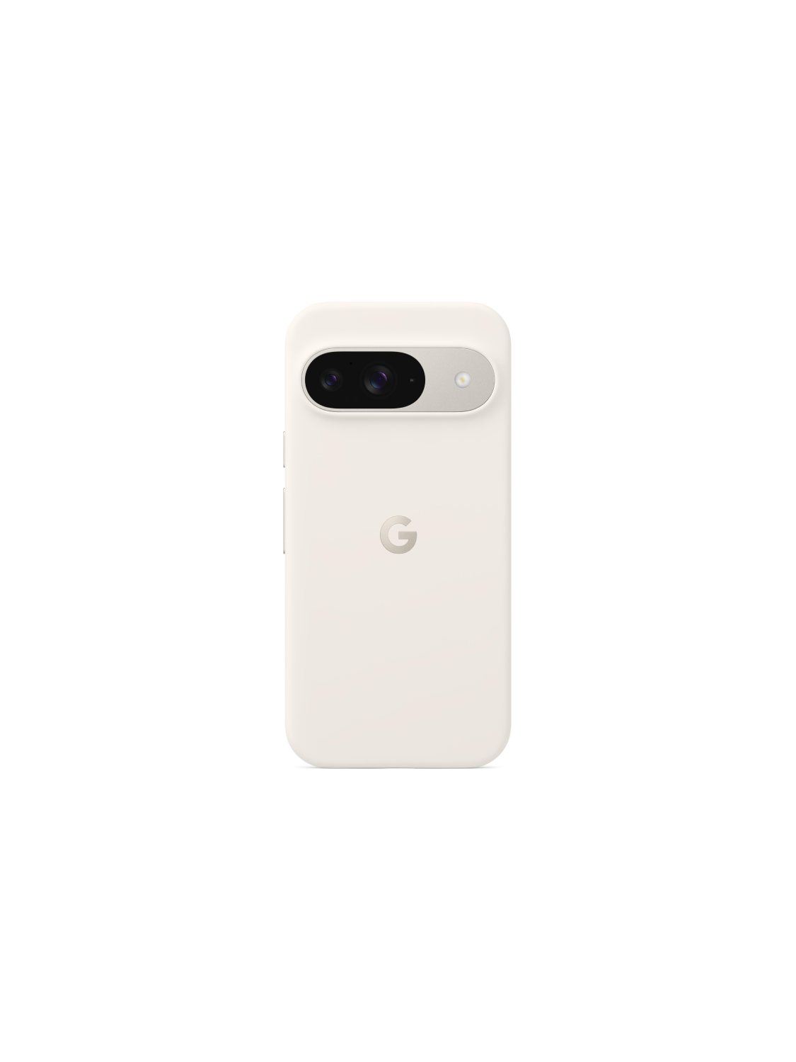 Un teléfono Google Pixel 7 blanco en una funda blanca, la barra de la cámara es visible.