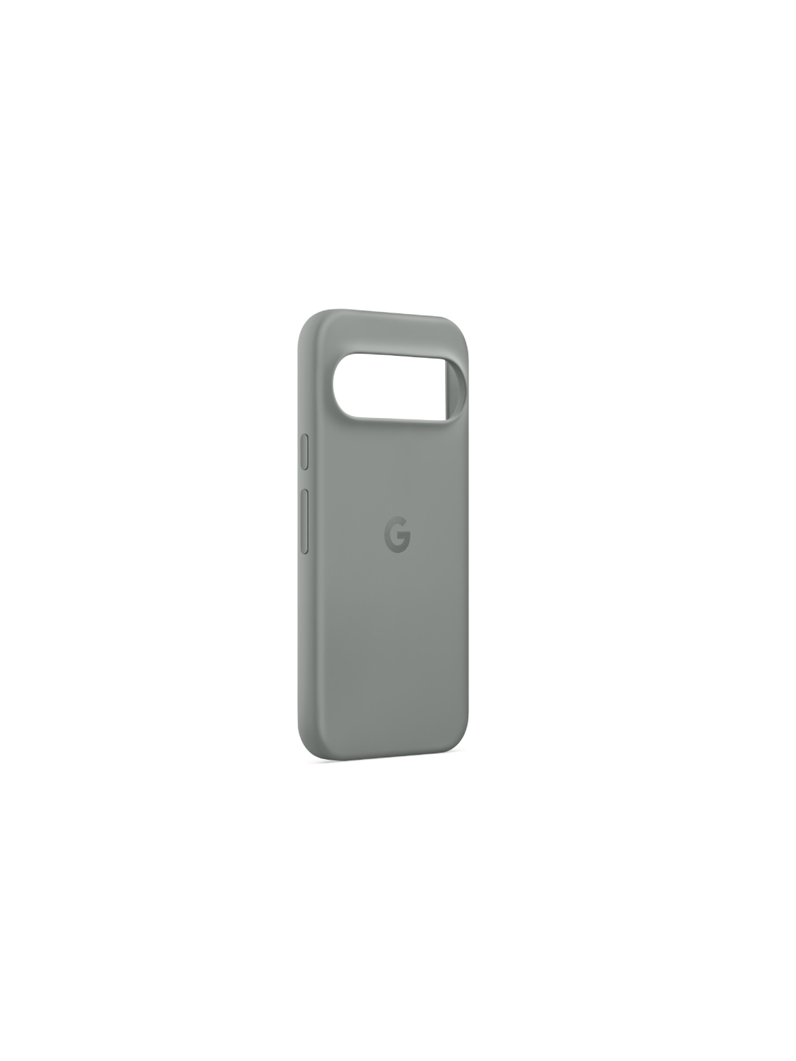 Una funda de teléfono gris claro con un recorte para la cámara y el logo 'G'.