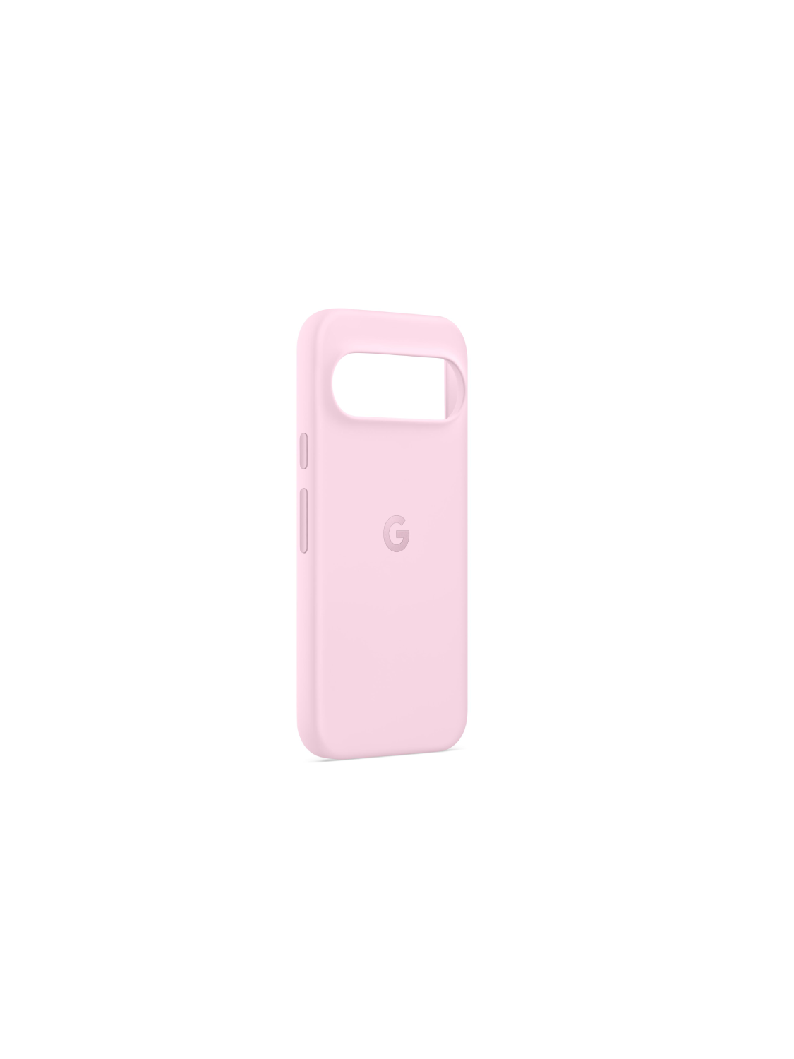 Una funda de teléfono Google Pixel rosa claro, aislada sobre un fondo blanco.